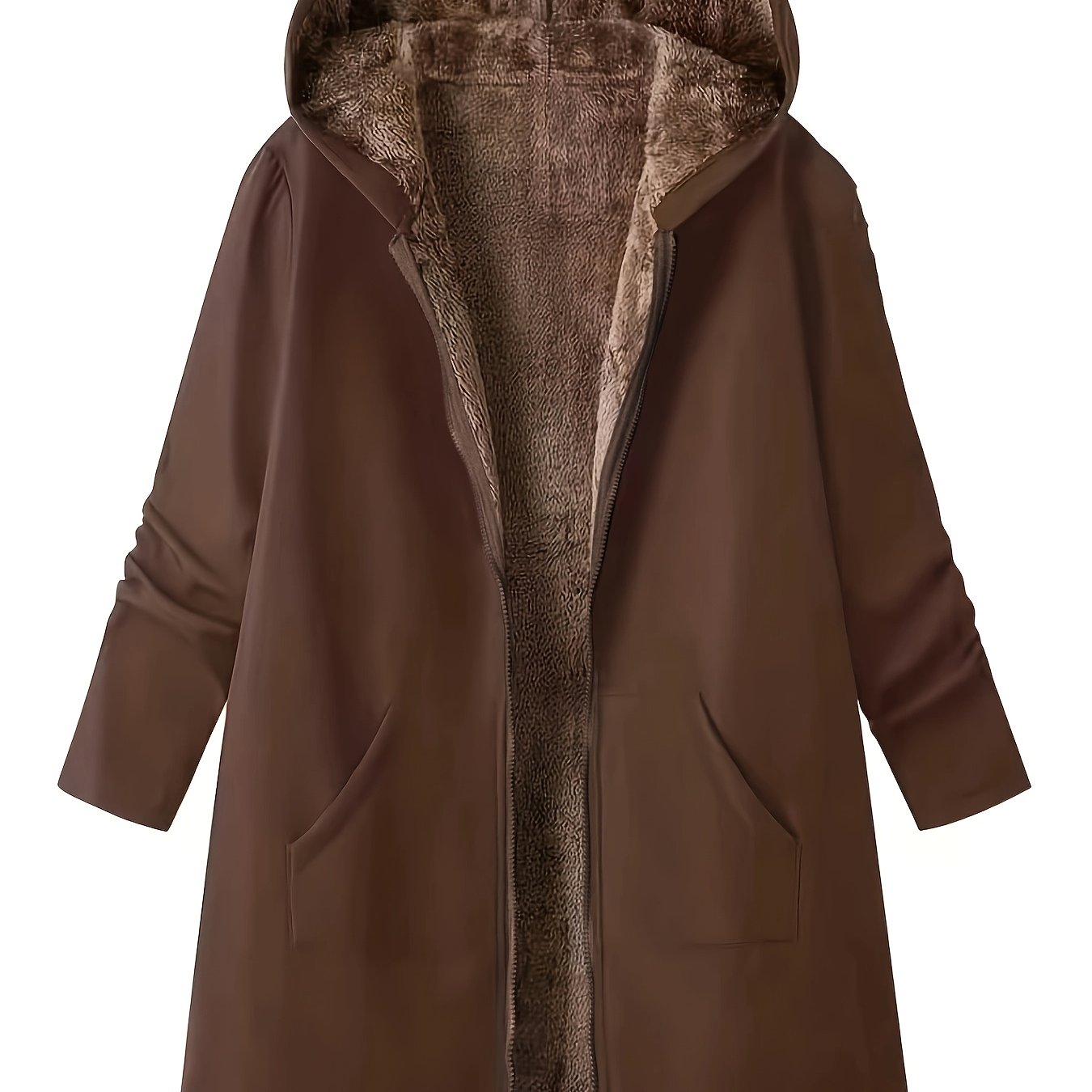 TEMU European & Winter Hooded With Lining, Zip Up Dual Pockets Solid Color Mid-length Warm Outerwear