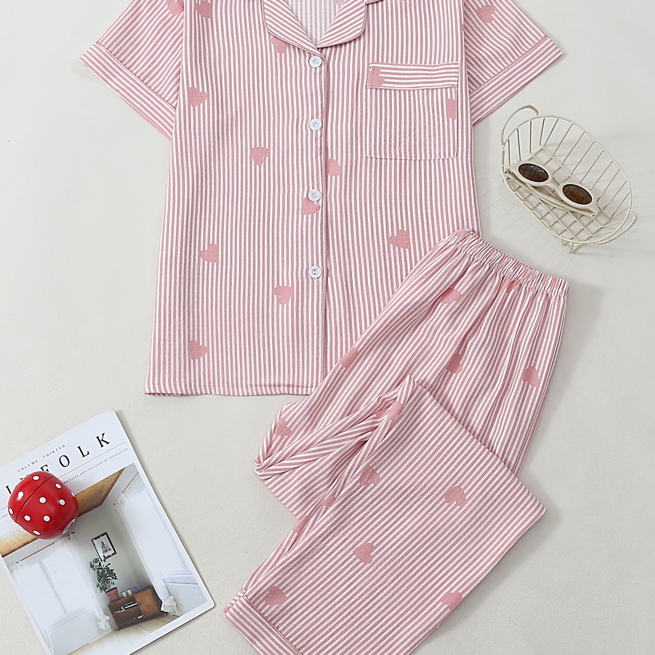 TEMU Spring Summer Women's Casual Striped Heart Print Pajama 2pcs Set, Button-up Top And Elastic Waist Pants, Suitable For Home And Outdoor Wear