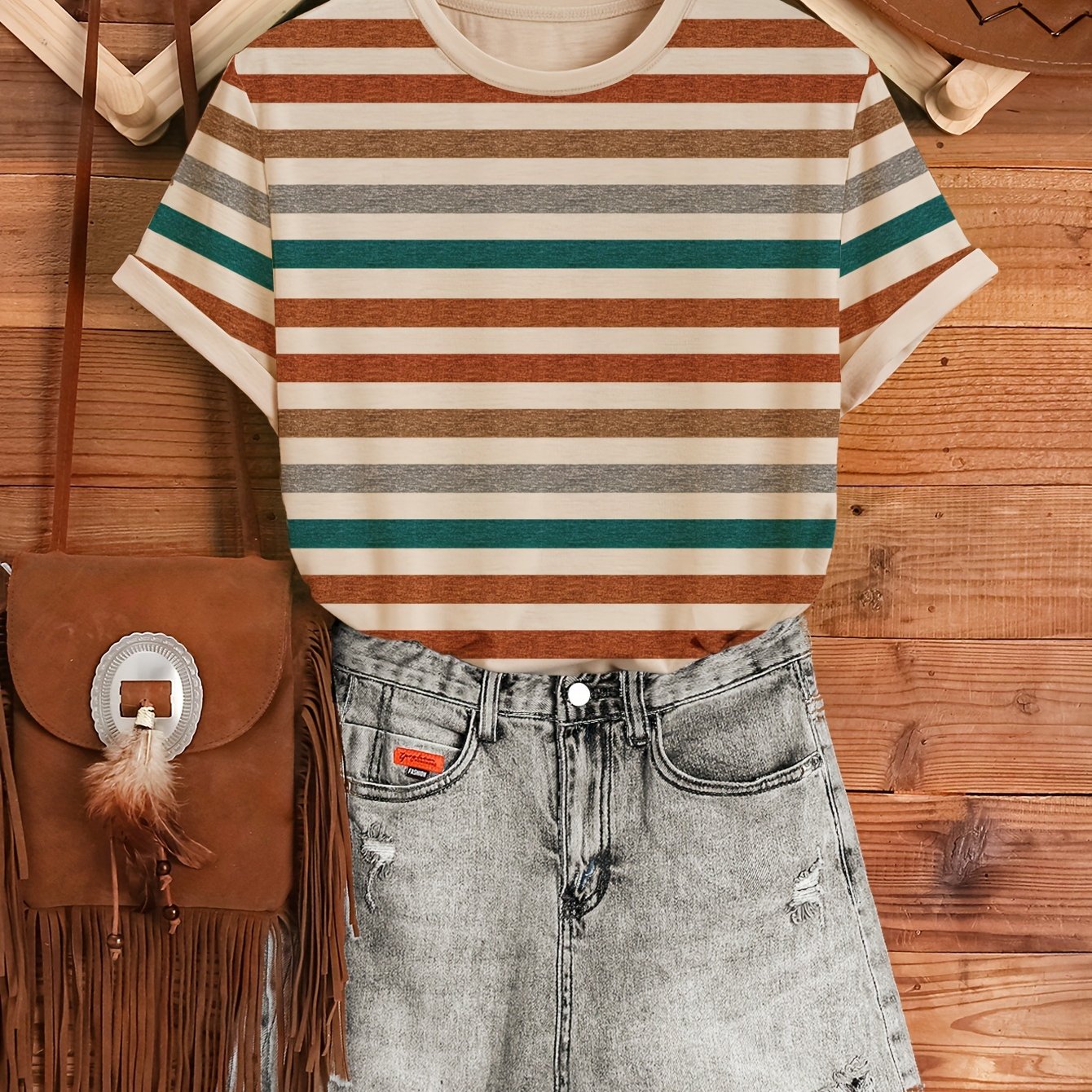 Image of Stripe Print Crew Neck T-shirt, Casual Short Sleeve Top For , Women's Clothing