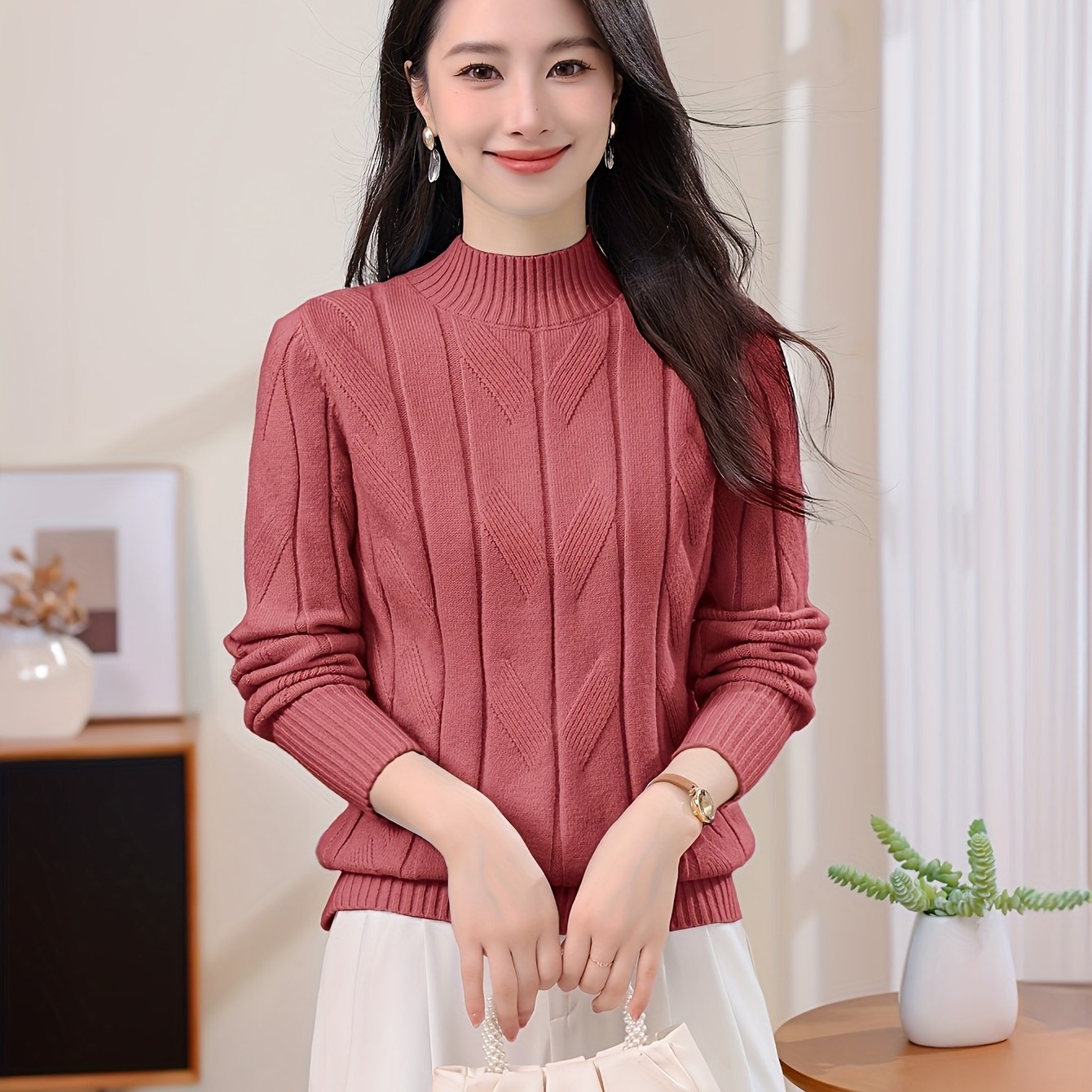 Image of Women's Pullover Stand Collar Top, Ribbed Jacquard Solid , Fashionable And Comfortable Women's Top, Suitable For Occasions, Women's Clothing