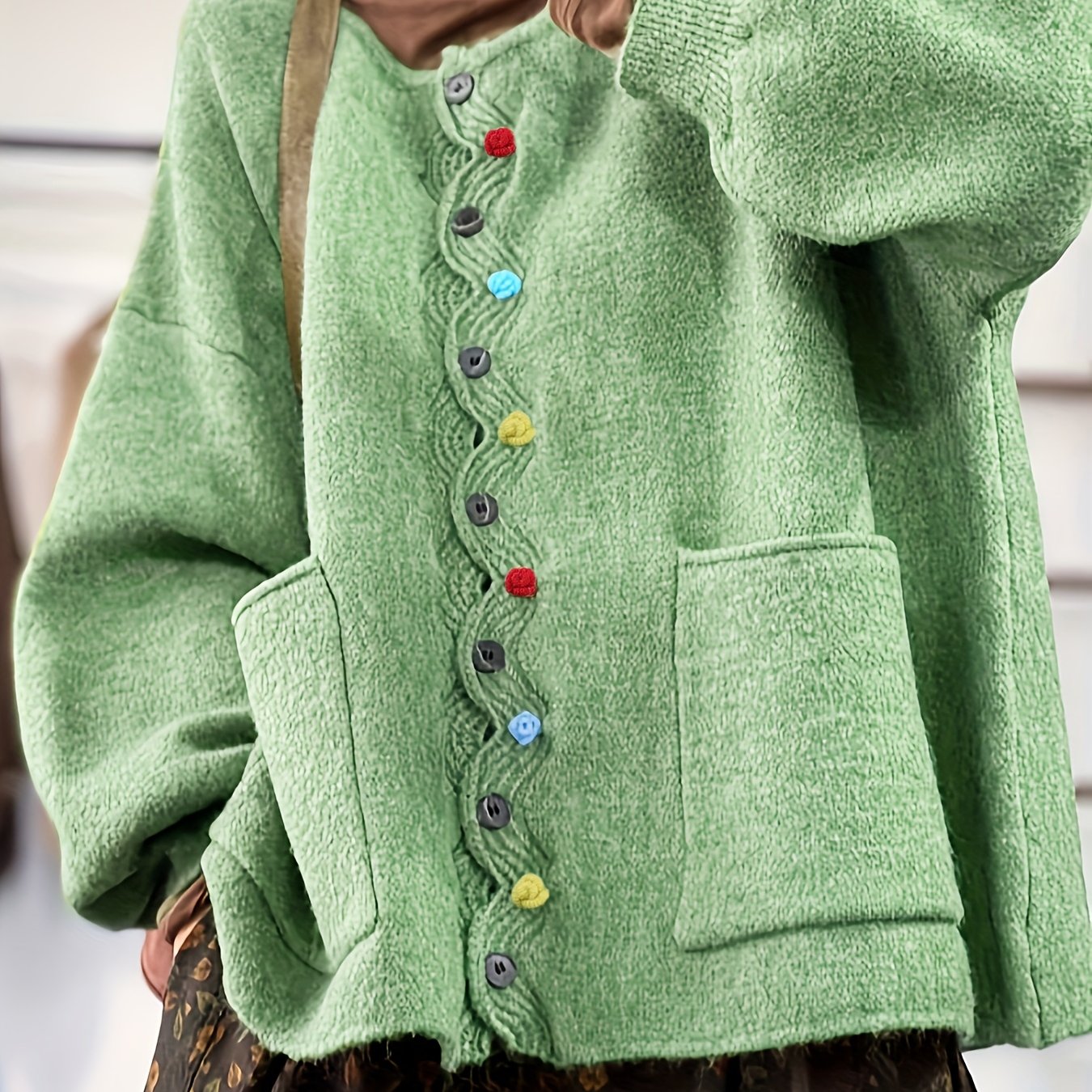 Plus Size - Plus Size - Women's Plus Size Cardigan, Multicolor Button Fashion Casual Round Neck Plus Size Sweater