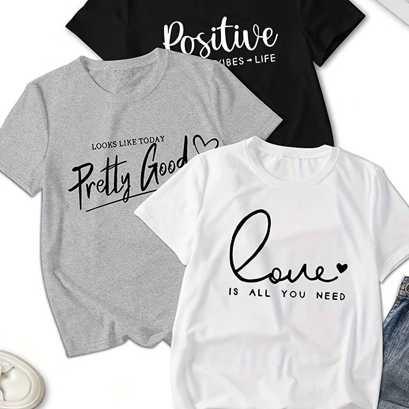 TEMU Set Of 3 Casual T-shirts For Summer With English Letters And , Short Sleeves And Round Neck