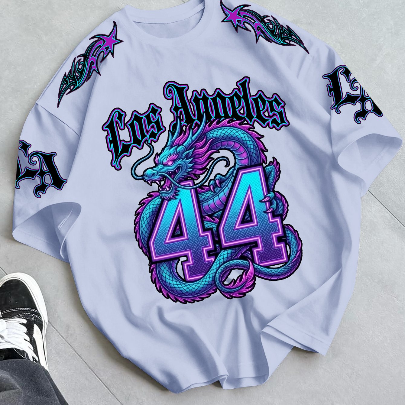 TEMU Men's Oversized Streetwear T-shirt With Purple & Dragon Print - Loose Fit Round Neck Summer Casual Shirt Suitable For Warm Weather, Machine