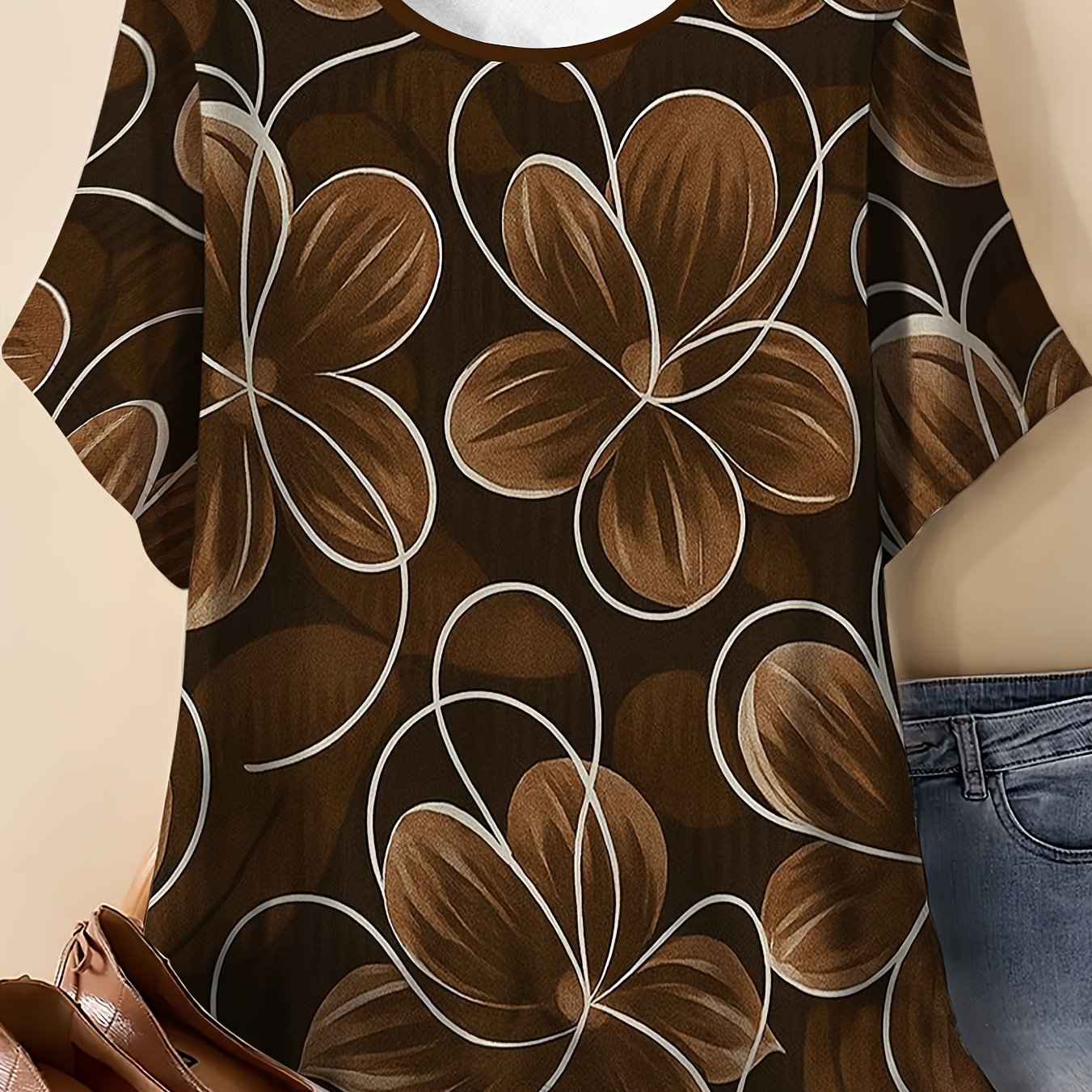 TEMU Vintage Patterned Loose Short-sleeve Top For Women, A Stylish And Versatile Printed T-shirt Casual, Comfortable, And Flattering