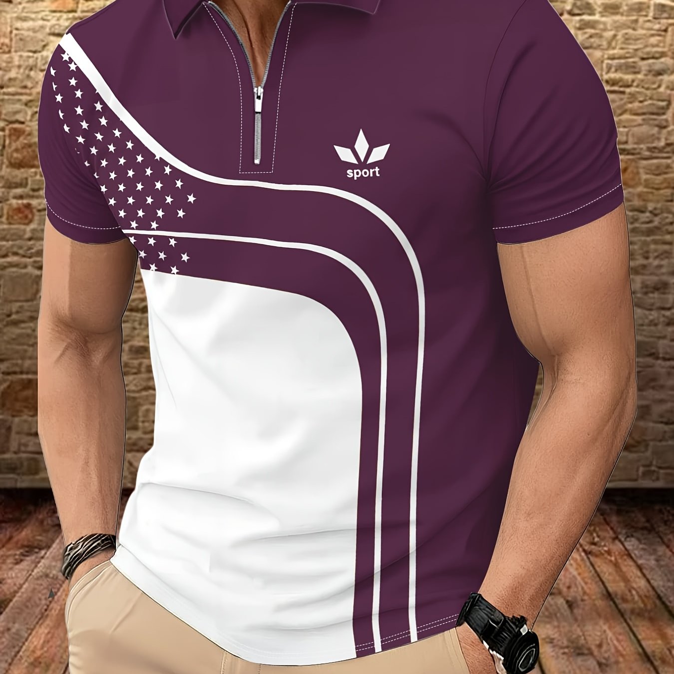 TEMU Men's Fashion Zip Shirt American Flag Print Sports Casual Short Sleeve T-shirt Block Collar Top