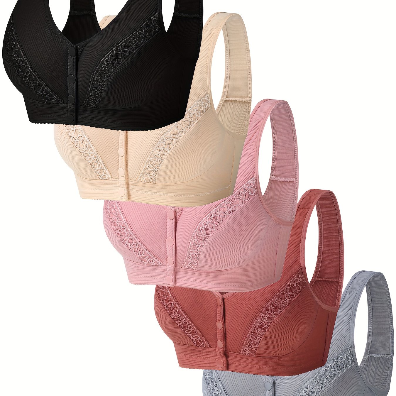5pcs Front Buckle Wireless Bras, Comfy & Breathable Full Coverage Bra,  Women's Lingerie & Underwear