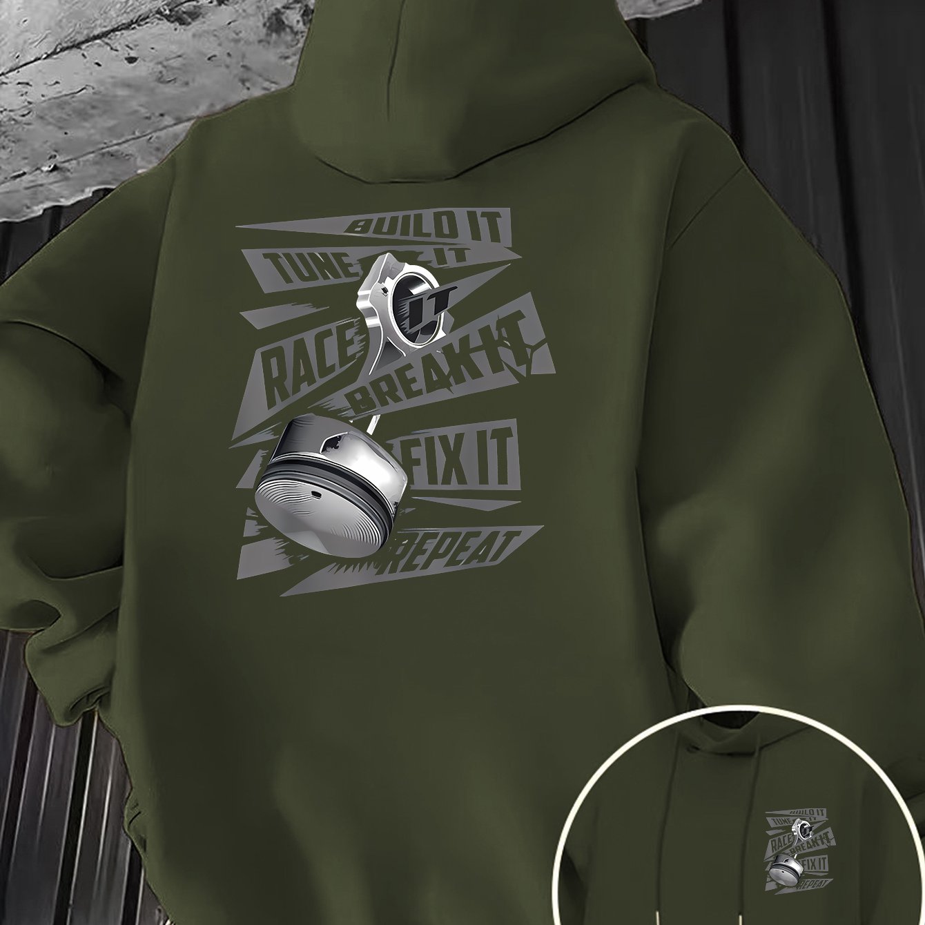 TEMU Tune It Car Piston Theme Print Men's Hoodie, Front Chest Logo And Back Large , Suitable For Car Modification Enthusiasts' Daily Wear