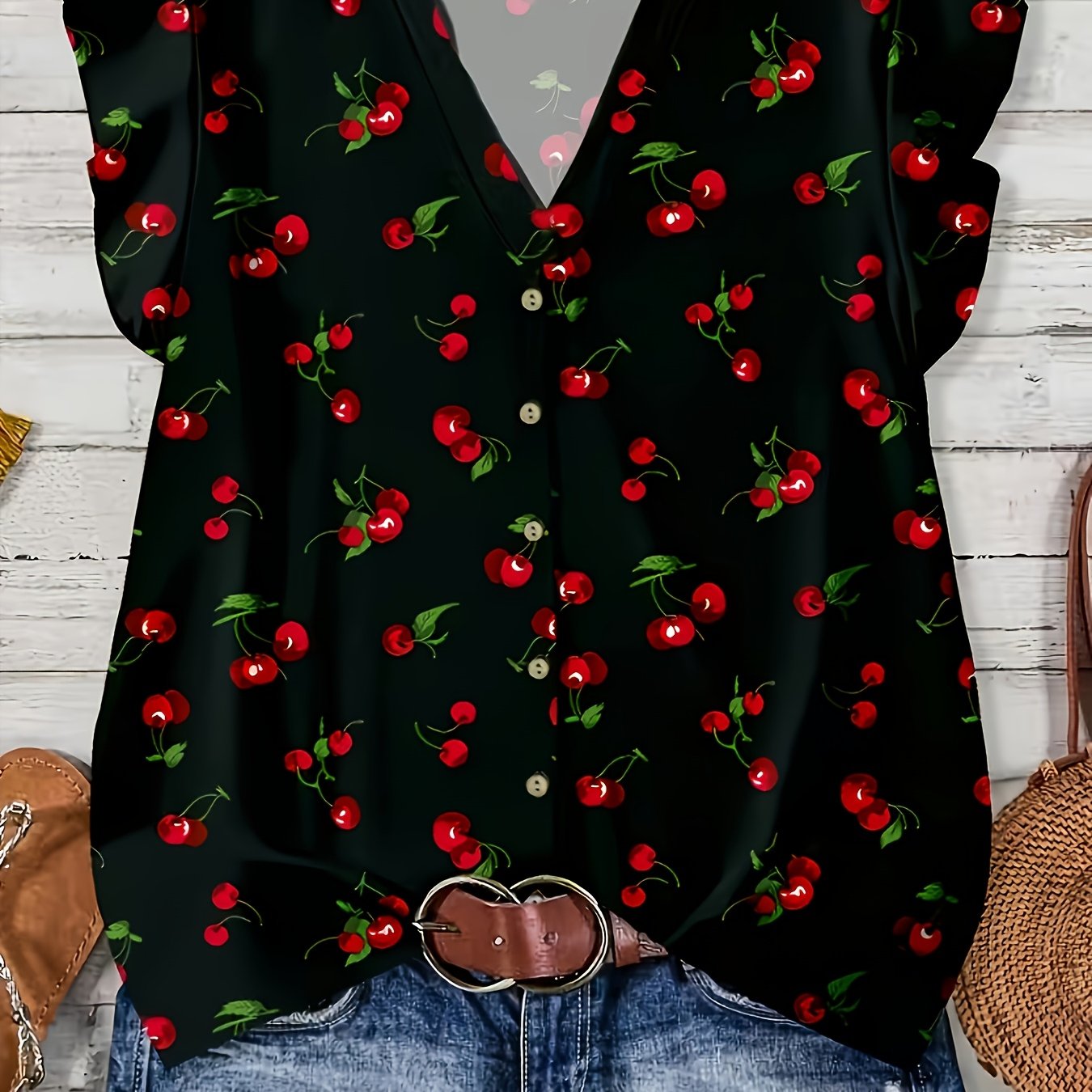 TEMU Plus Size, New Summer Plus Size Women's Loose Fit Casual Vintage V-neck Ruffle Sleeve Cherry Print Blouse