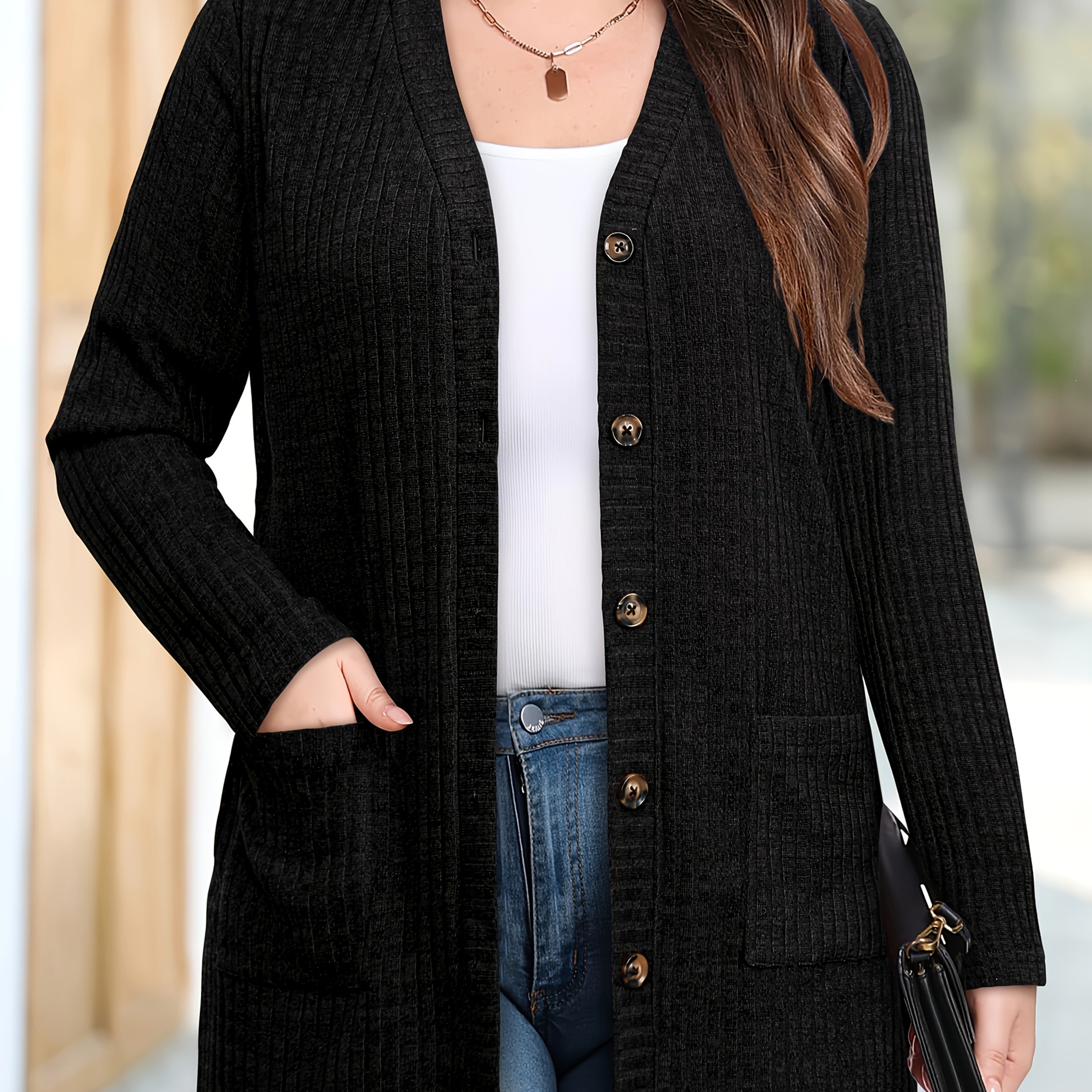 TEMU Голям размер, Елегантно дами палто с джобове и единично закопчаване