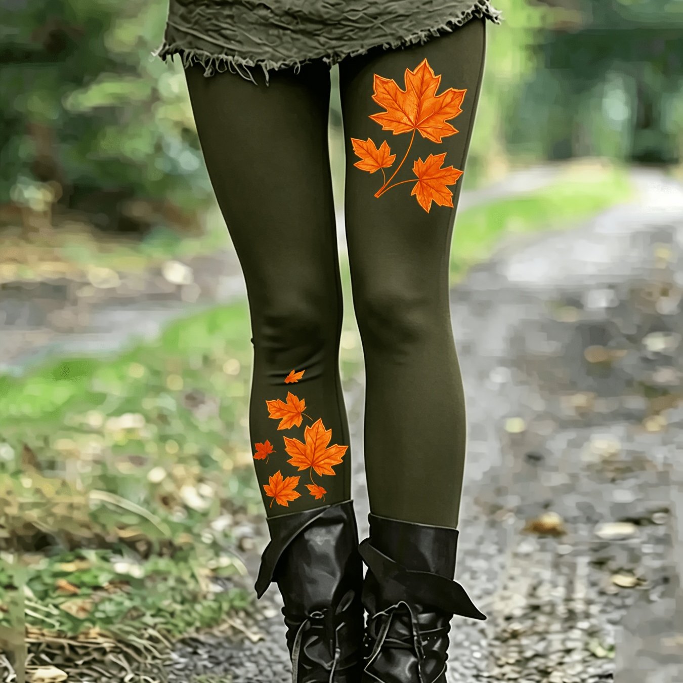 TEMU Maple Leaf Pattern Printed High-waist Tight Pants, Casual Stretch Leggings, Forest