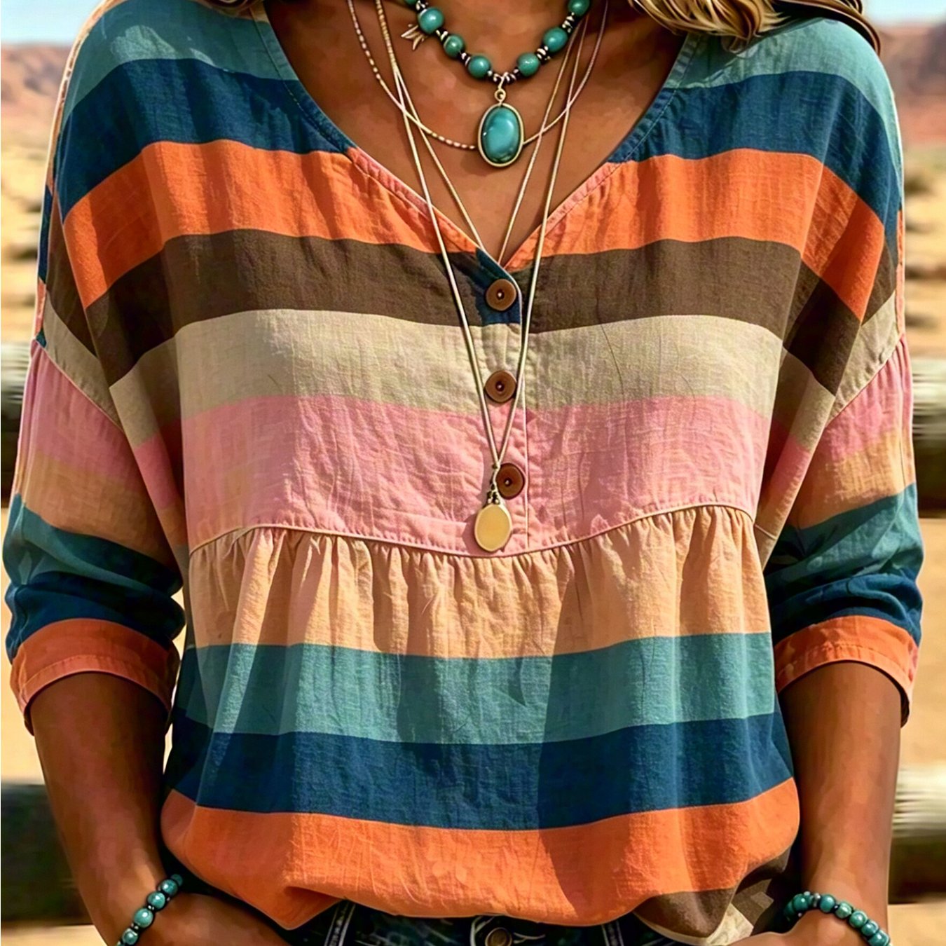 Women's Striped Prints Blouse Shirts, Casual V Neck 3 Button Half Sleeve Babydoll Tunic Tops