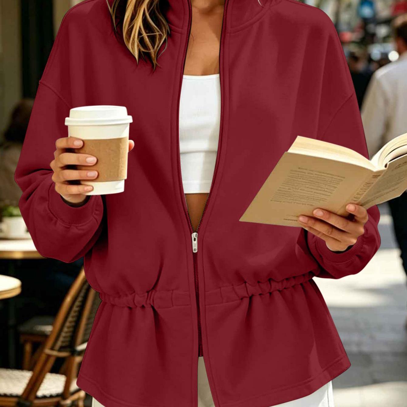 Women' Color Stand Up Collar Zipper Sportswear Jacket Elastic Waistband Top Sweatshirt Jacket