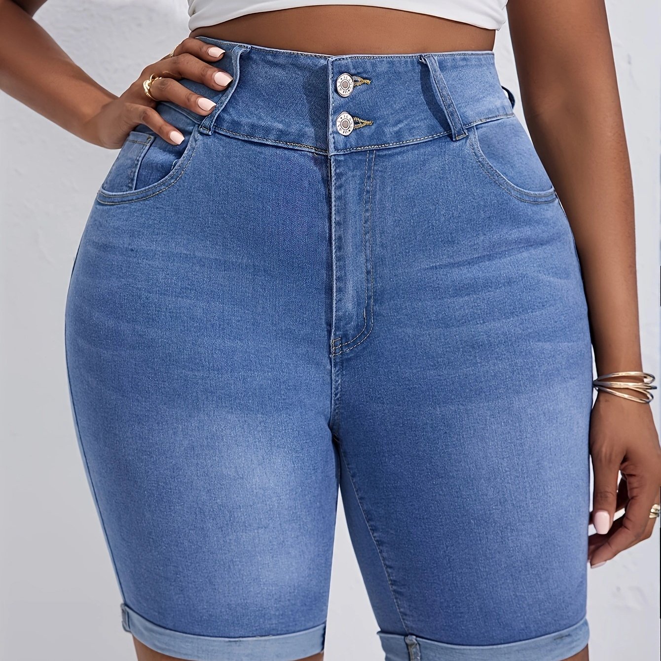 High-waisted Button-fly Stretch Skinny Jeans Mid-calf Pants