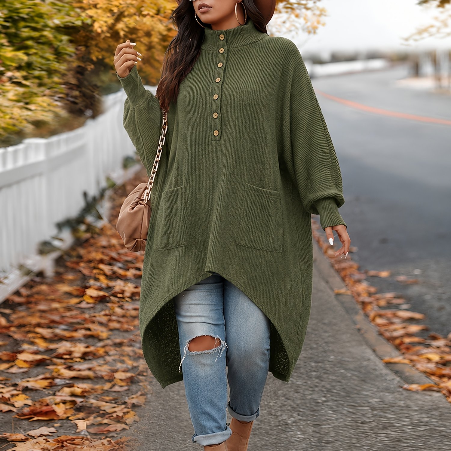 TEMU Plus Size Women's Ribbed Dress, Stand Collar Half-button Long Sleeve Asymmetrical Hem With Pockets, Autumn/winter Loose Casual Mid-length Dress