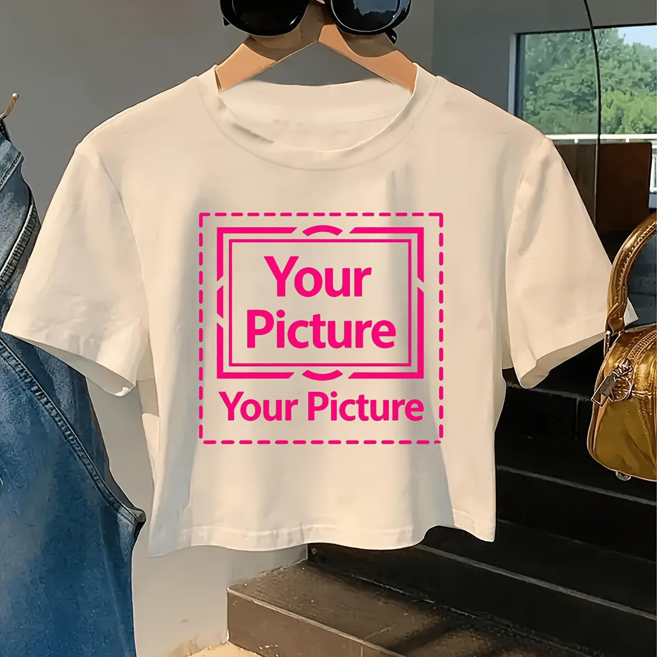 TEMU Custom Printed Short Crop Top T-shirt, Daily Casual Wear, Versatile Fashion Style, Supports Personalized Image Customization
