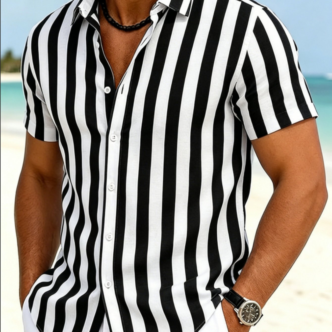 TEMU Men's Casual Short-sleeve Striped Shirt, A Summer Beach Leisure-style Top Suitable For Occasions