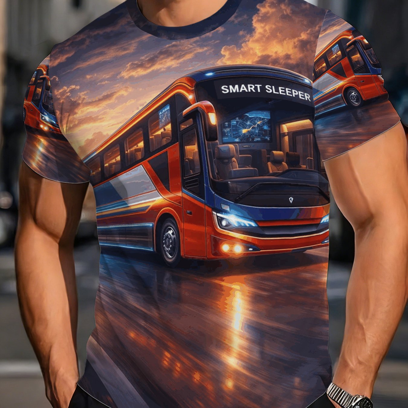 TEMU Sunset Highway Bus Graphic T-shirt Featuring A Dynamic Bus Against A And Water-streaked Road Surface. A Bus-themed T-shirt With A Design Element