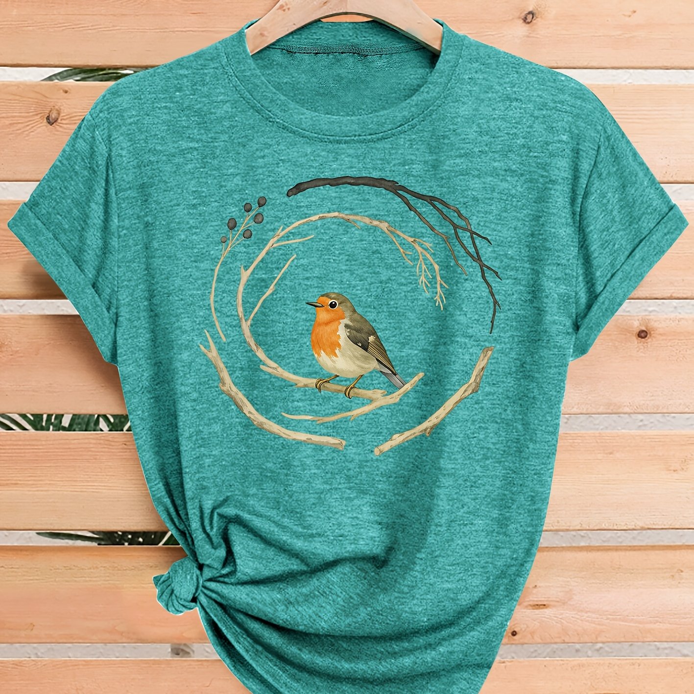 TEMU Fashionable Elegant Women's T-shirt | Robin In Circular Branch Pattern, , Crew Neck, Soft Comfortable, Short Sleeve, Medium Stretch Fabric, In