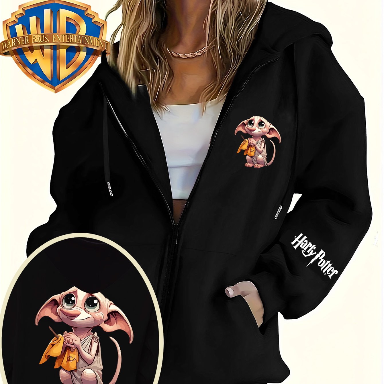 TEMU Licensed Women's Casual Zip-up Hoodie Featuring A Dobby Design From With Zipper, Suitable For Autumn And Winter Wear