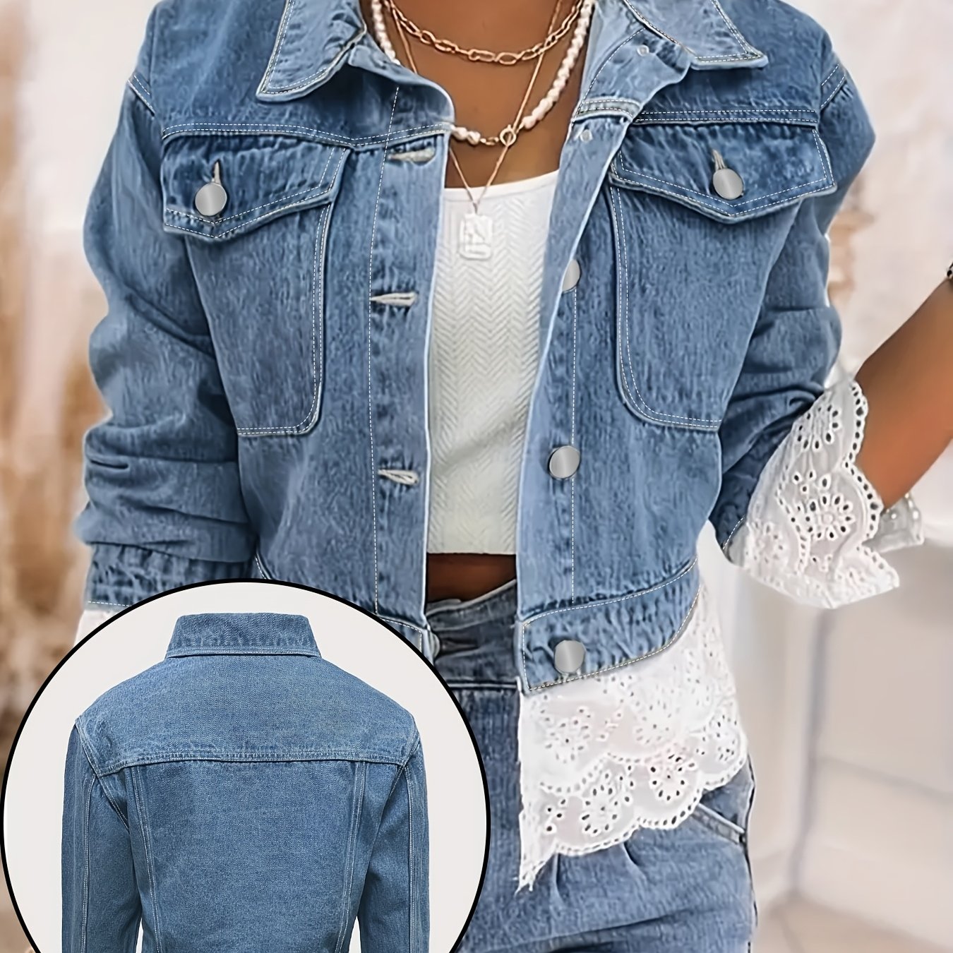Image of Plus Size Blue Flap Pocket White Lace Trimmed Hem Button- Jacket, Mature Elegant Fashion Versatile Casual Date Women's Plus Size Denim Top