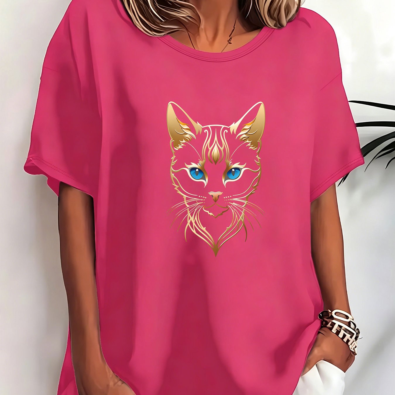 TEMU Plus Size - 0xl-8xl Plus Size Round Neck Short Sleeve T-shirt Women's Clothing With Black And Line Art Black Cat Head Blue Realistic Eyes