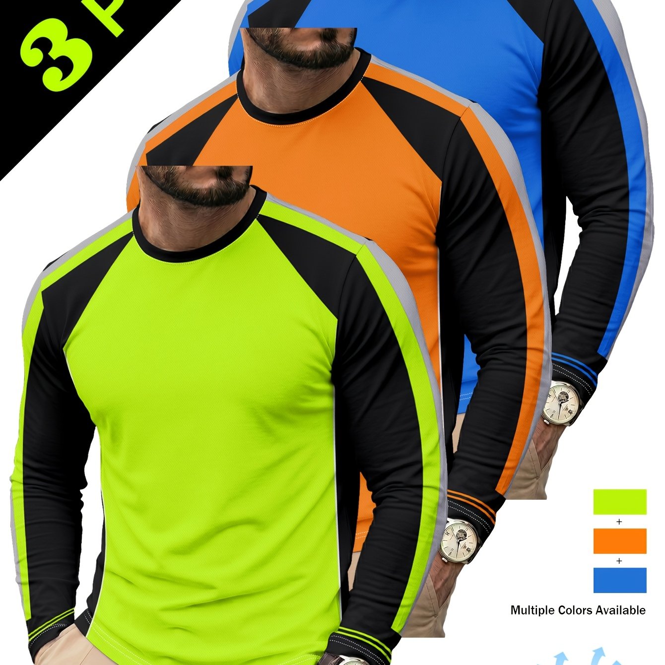 TEMU 3-pc Unisex Casual Long-sleeve Crewneck Tops ( In Neon Yellow-green, Orange, And Royal Blue Combinations) - Lightweight, Breathable, And