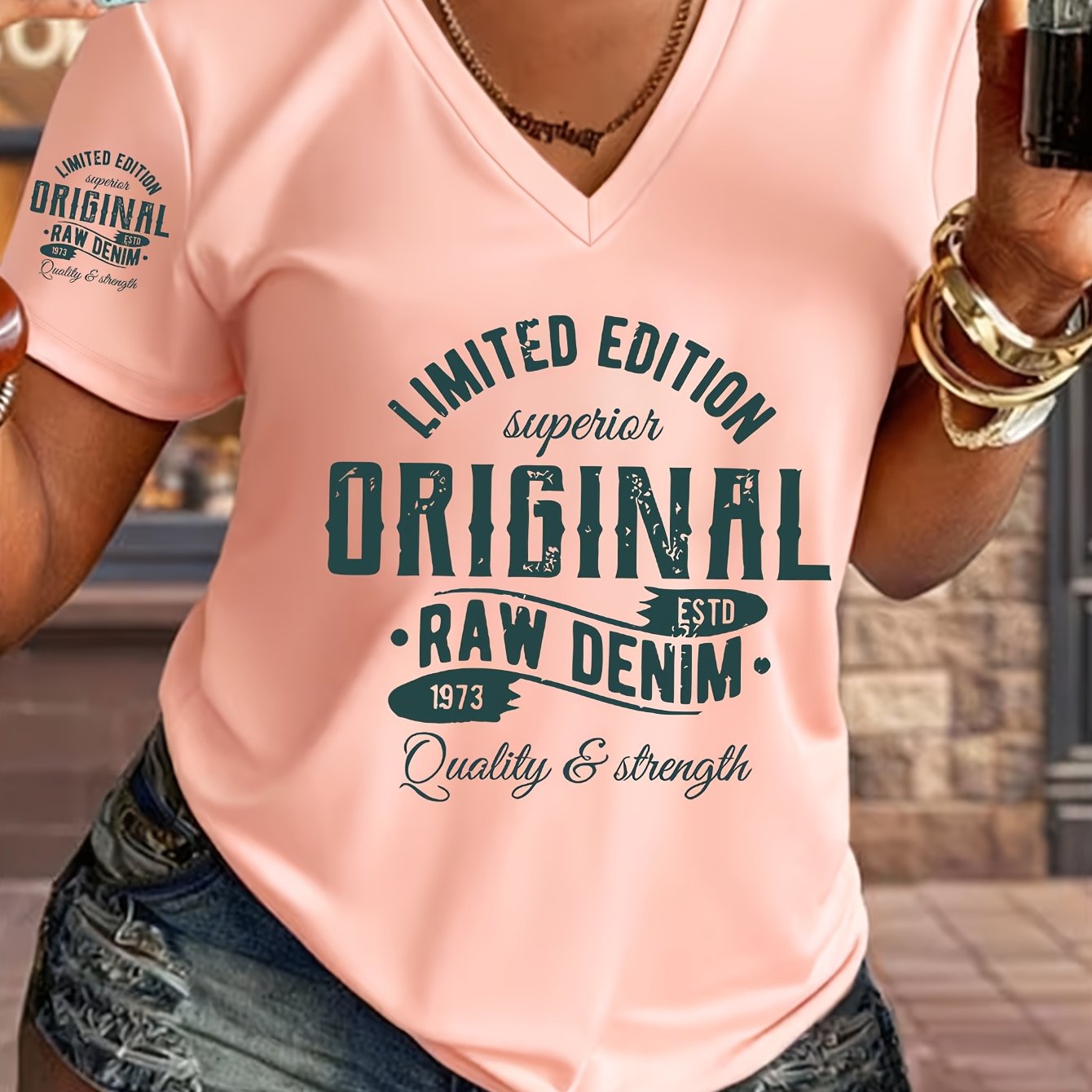 TEMU 1pc Edition V-neck T-shirt Vintage Printed Design Showcasing Perfect Combination Of Classic And Fashion Summer New Y2k Style Women's Athletic