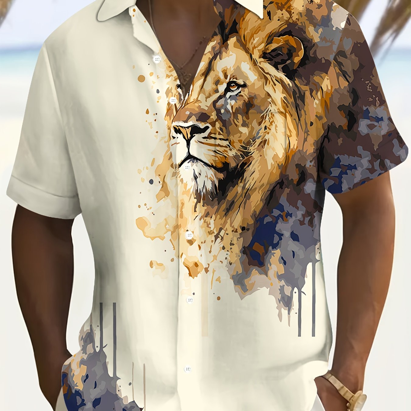 TEMU Men's Vibrant Lion 3d Printed Short Sleeve Shirt, Button-up, Casual And Sporty, Lightweight Polyester, Machine Washable, Suitable For Summer ,