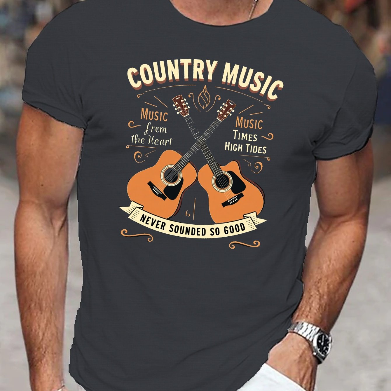 TEMU T-shirt Featuring A Country Music Guitar Design, Perfect For Men, Ideal For Casual Summer Wear With Short Sleeves