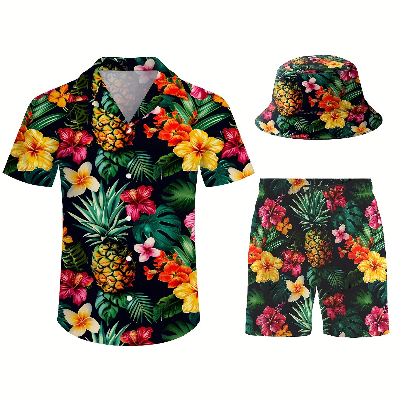 TEMU Home Relaxation, Men's 3pcs Tropical Set - Vibrant Floral & Pineapple Print Shirt, Shorts With Dual Pockets & Bucket Hat, Casual Summer Sportswear, Sizes M-xxl, |summer Casual Set|woven Texture