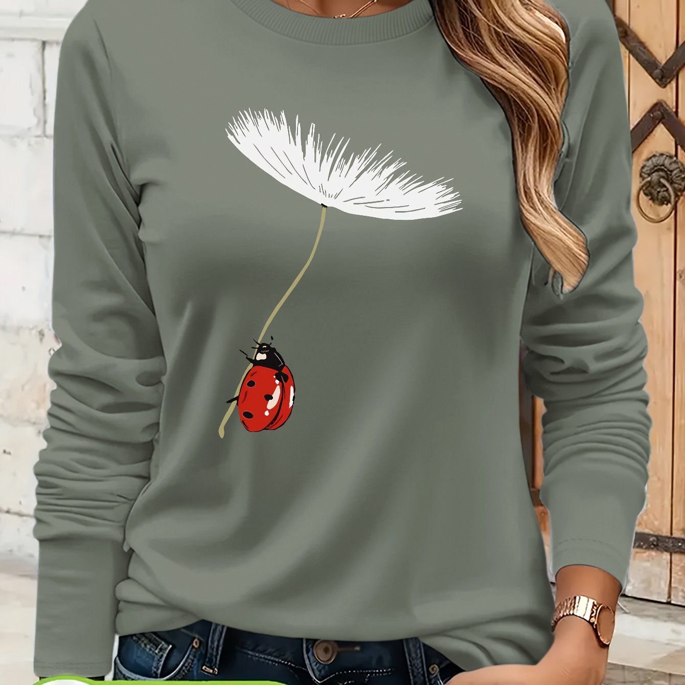Women's Fashion Round Neck Long Sleeve T-shirt, Skin-friendly Breathable, Dandelion Ladybug Print, Machine Washable -8314