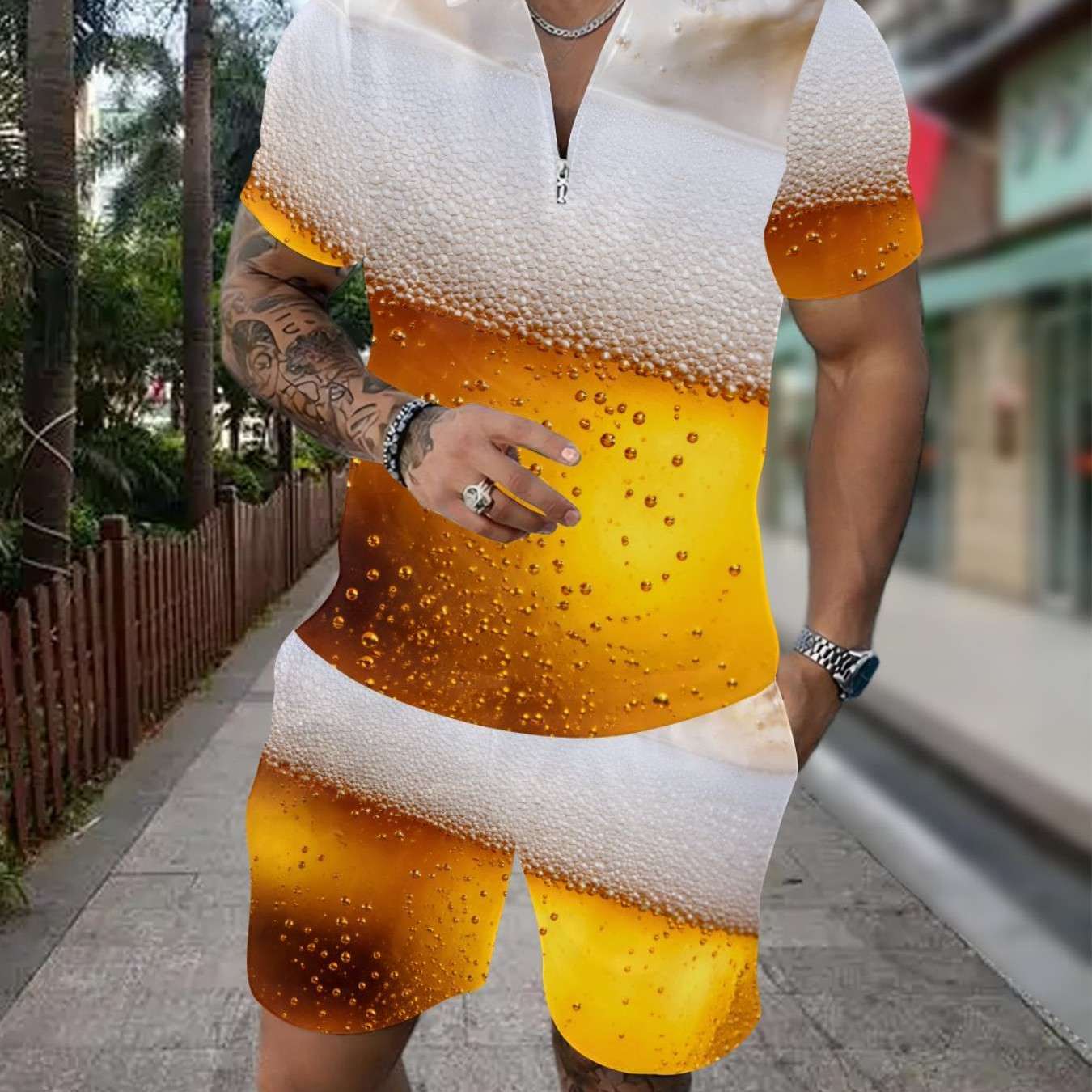 Image of [printed Design - Not Textured] Men's Fashion Style Beer Bubbles Graphic Shirt And Shorts Set Adult Men Daily Wear Holiday Gift