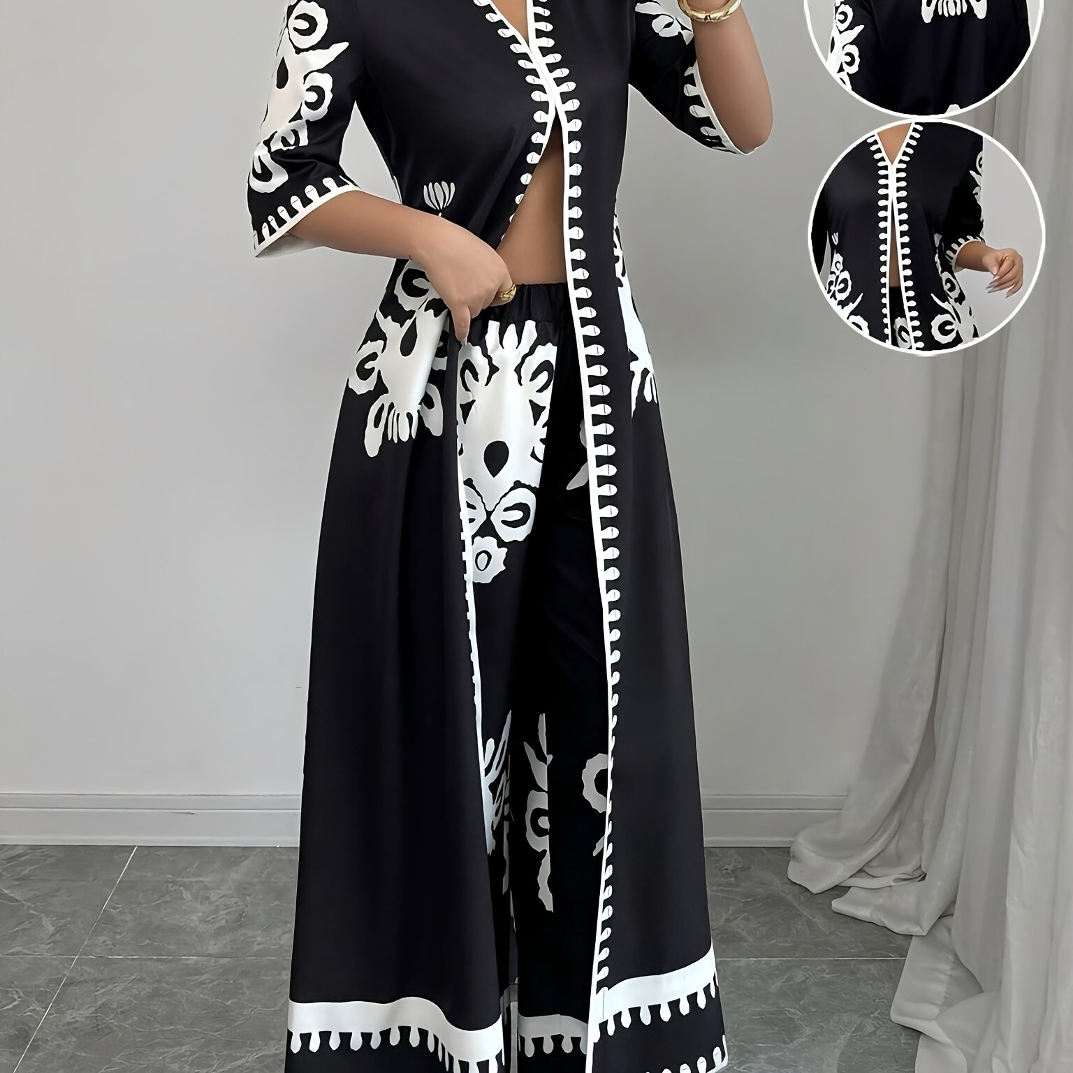 E-shop 2025 Sommer Neues Elegantes Damen Urlaubs V-Ausschnitt Kurzarm Hemd und Blumenhose mit elastischem Bund Zweiteiler Set, Multicolor Outfit und