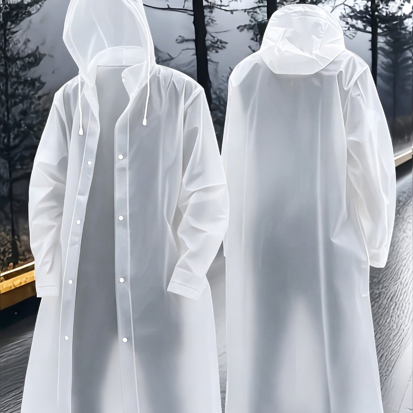 TEMU 2pcs Adult White Semi-transparent Eva Raincoat, Thick Reusable Breathable Hooded Button Up Long Sleeve Rain Cape, Outdoor Rain Gear For, Cycling