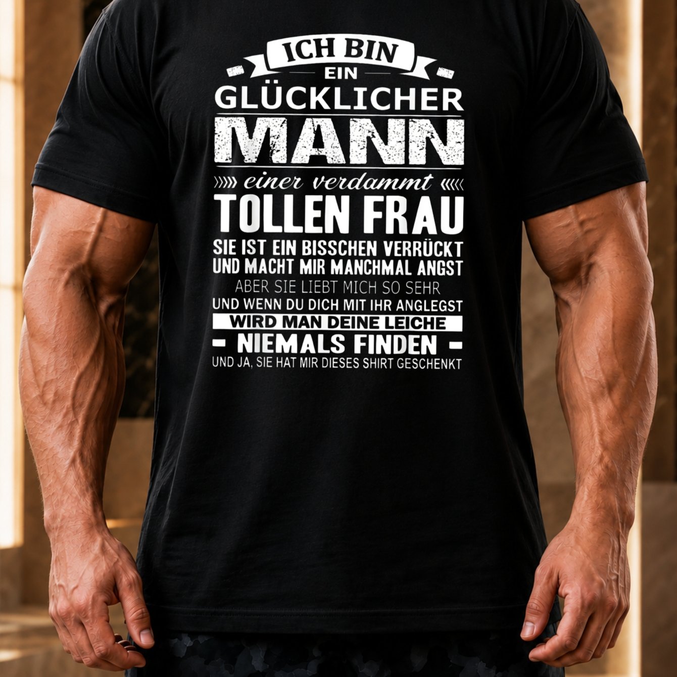 Men' Funny German Quote T-shirt - "glücklicher Mann Einer Frau" Husband Gift Suitable For Crazy Wife, Casual Round Neck Tee With German , Machine Washable Apparel For Wear & Humor Present