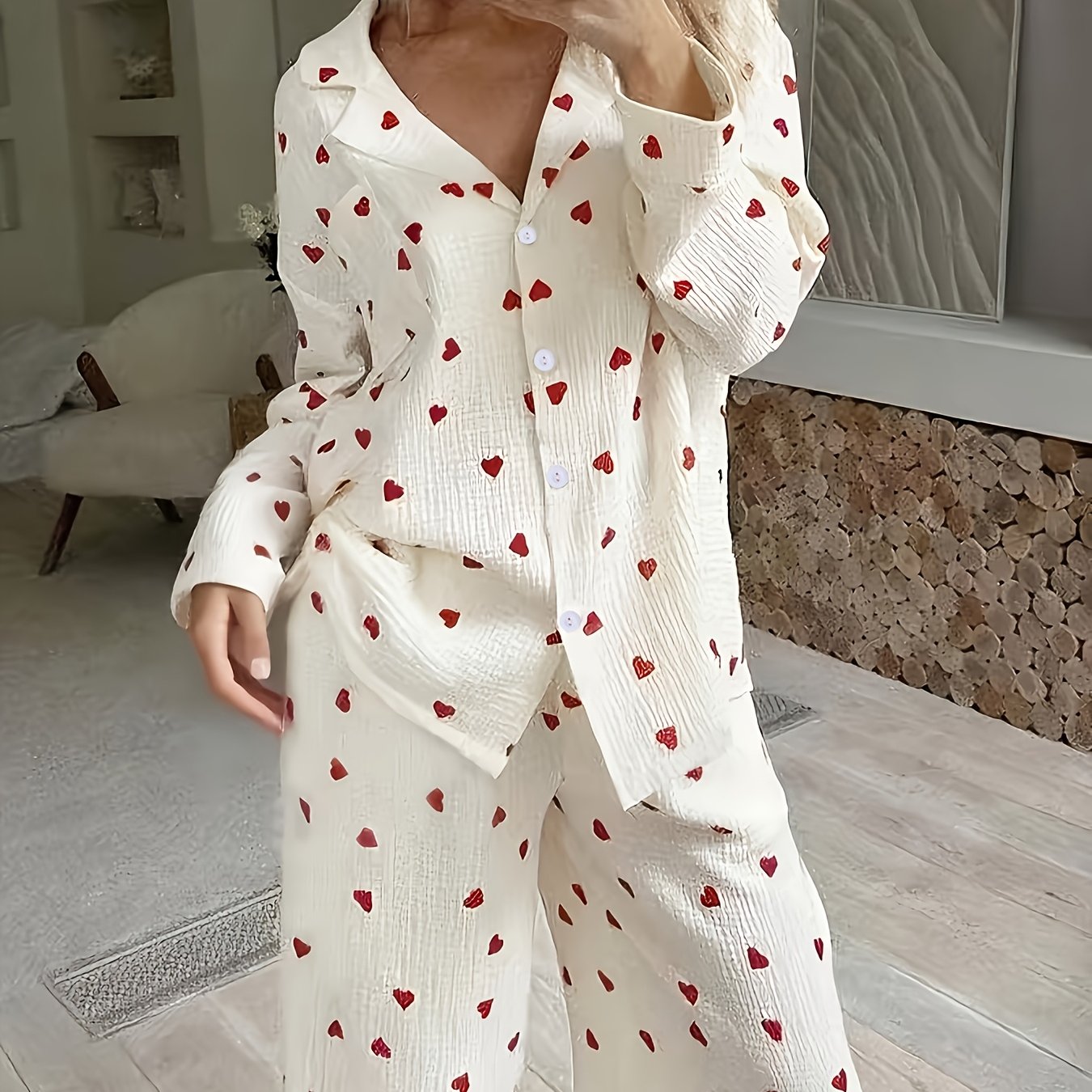 Plus Size Women's Pajama Set, Print Long Sleeve Button-up Shirt And Long Pants
