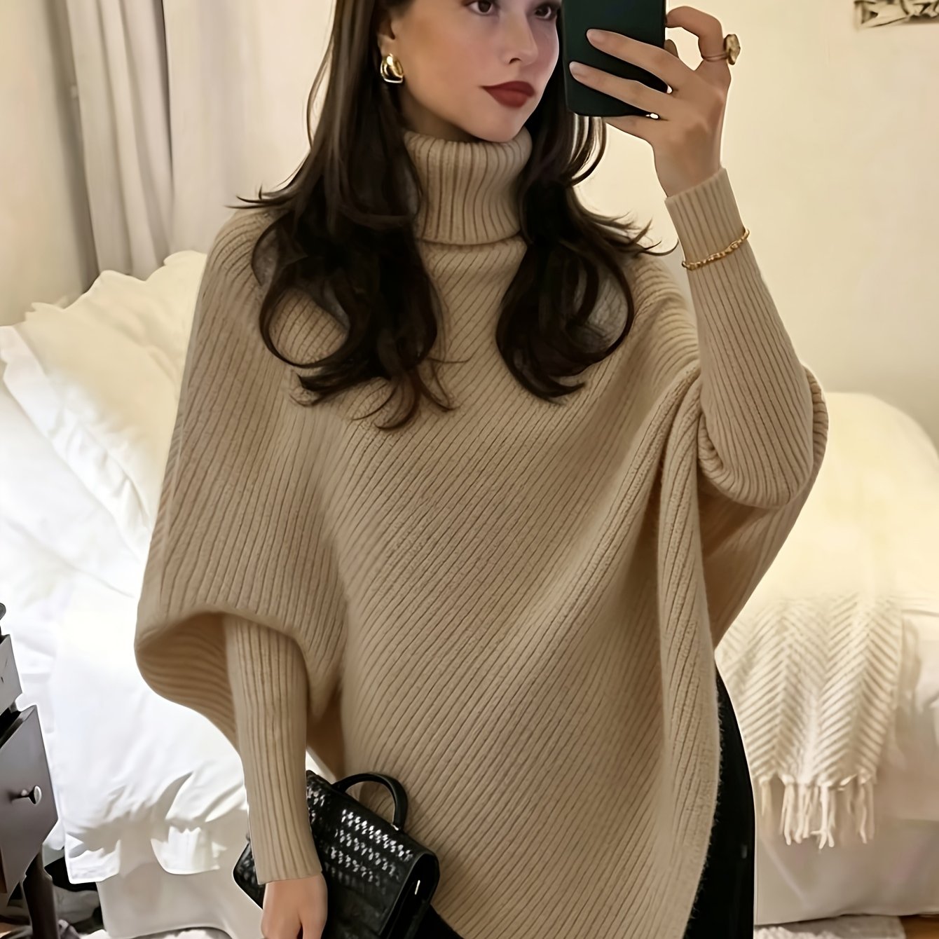 TEMU Nouveau pull d'automne/hiver pour femme à col montant, manches chauve-souris, surdimensionné, côtelé, ourlet irrégulier, style décontracté, haut