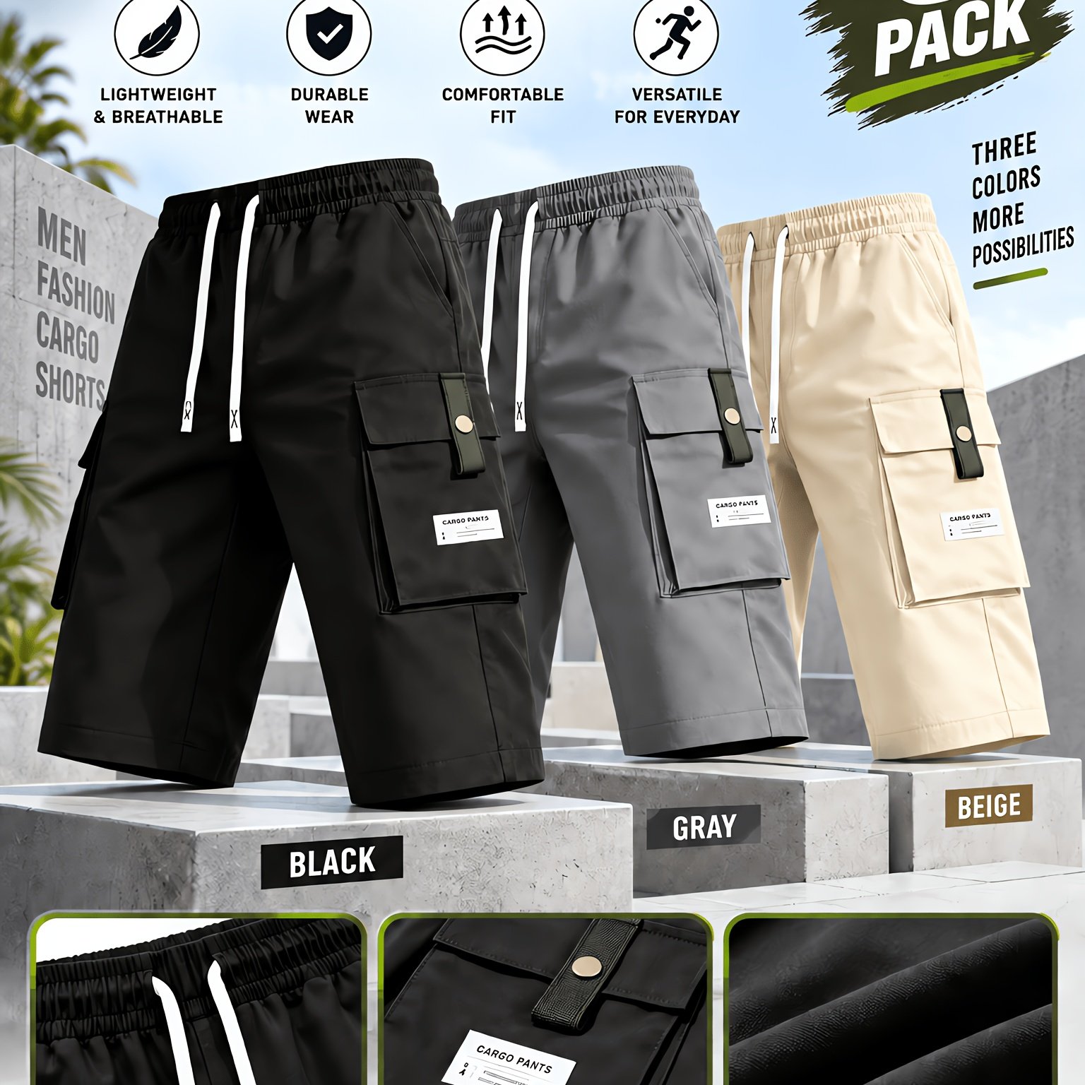 TEMU 3-pack-men's Cargo Shorts Fabric With Multiple Pockets, (includes Wristband), Adjustable Waist & 3/4 Length For Outdoor Travel, Sports, Casual