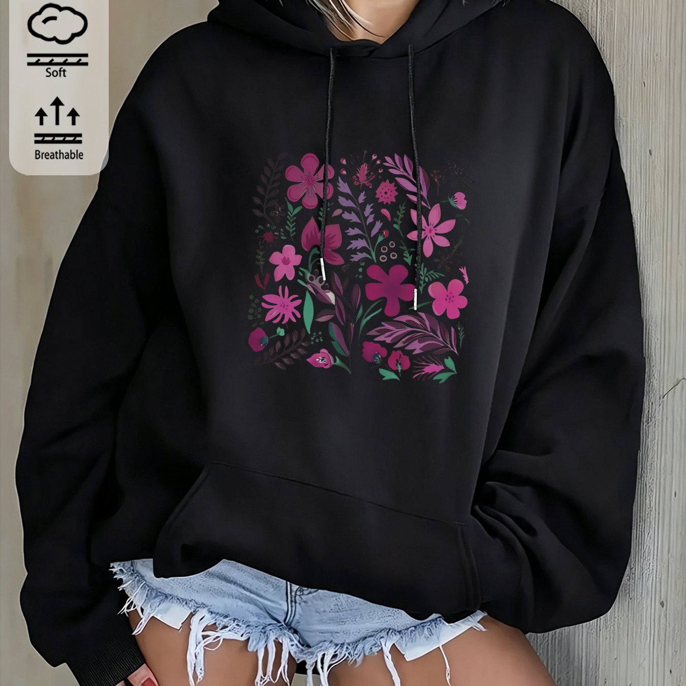 Autumn Winter Women's Hoodie With Retro Floral Print, Y2k Casual Drawstring Pullover Top