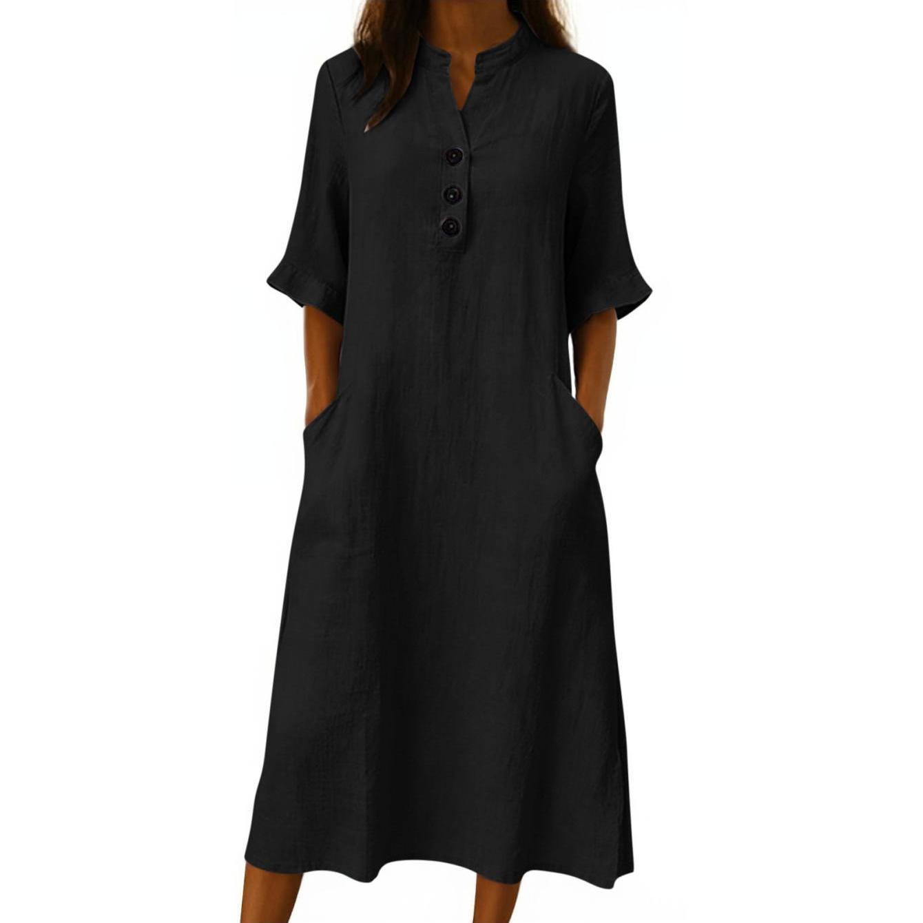 Image of Women's Summer Short Sleeves Button Stand Collar Midi Dress With Pockets, Ladies Elegant Solid Color Beach Vacation Dresses, Ideal For Daily Wear Travel Resort Casual Outing Date Night