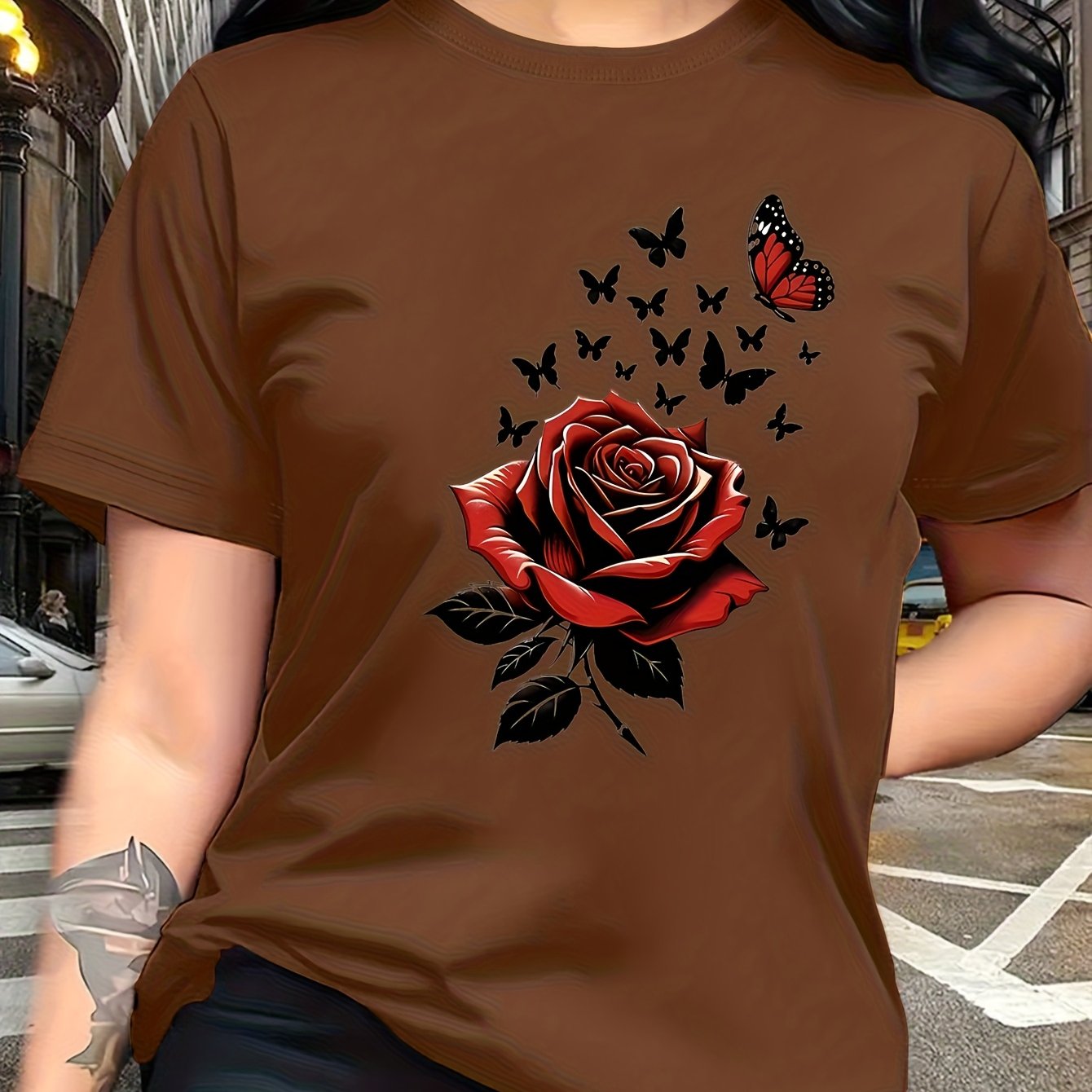 TEMU A Trendy And Fashionable Short-sleeve Women's T-shirt Featuring A Easy Round Neck Design, With A Print Of Roses Symbolizing , Along With