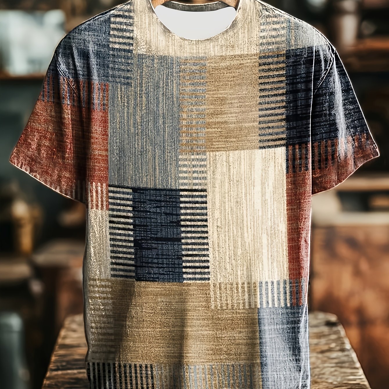 TEMU Men's Vintage Short Sleeve T-shirt For Summer, Distressed Colorblock Print, Comfortable, Breathable, And Wrinkle-resistant, Suitable For Daily ,