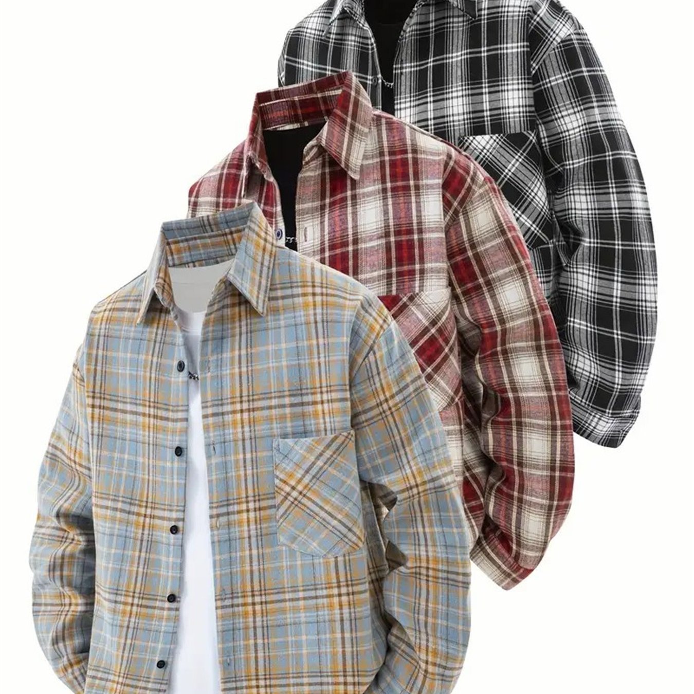TEMU 3-pack Men's Spring/autumn Button-up Collar Shirts With Long Sleeve Checkered Tops, Suitable For Couples, Versatile, Casual Layering, Sports,