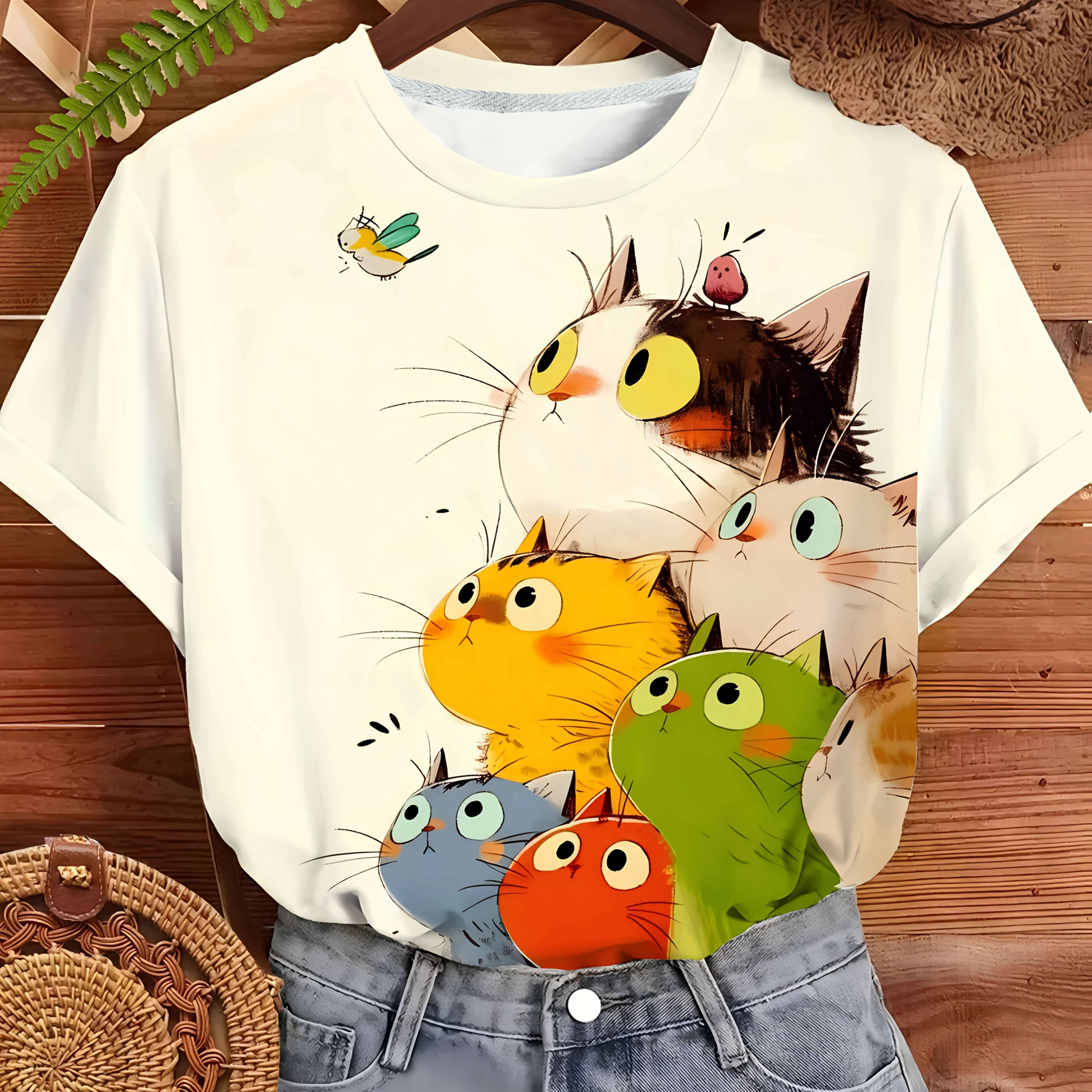 E-shop Katzen-Gruppenporträt-Druck, Kurzarm-T-Shirt mit Rundhalsausschnitt, bequem für den täglichen Arbeitsweg, niedliche Katzenfamilie, modische