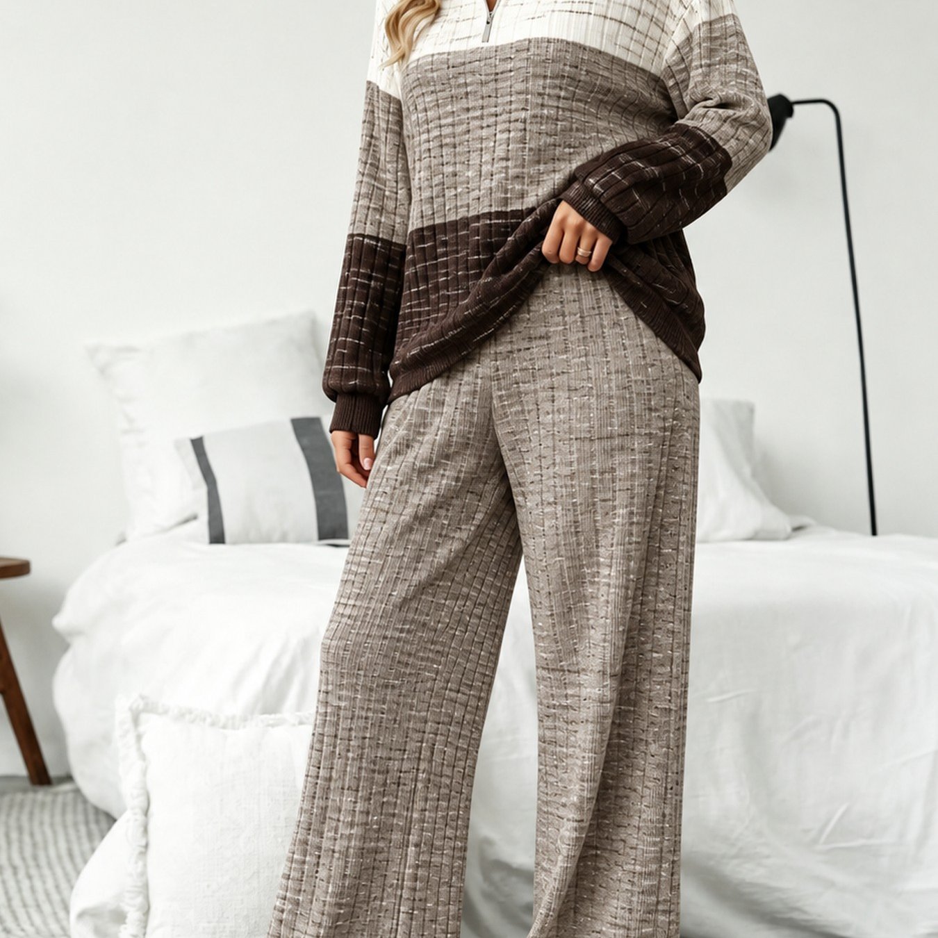 Image of Women's New Half-zip Stand Collar Long-sleeve Top And Drapey Wide-leg Pants Two-piece Set, Ribbed Fabric Is Soft And Comfortable, Casual And Loose For Home, Going Out Or Commuting, A Top For Gifting