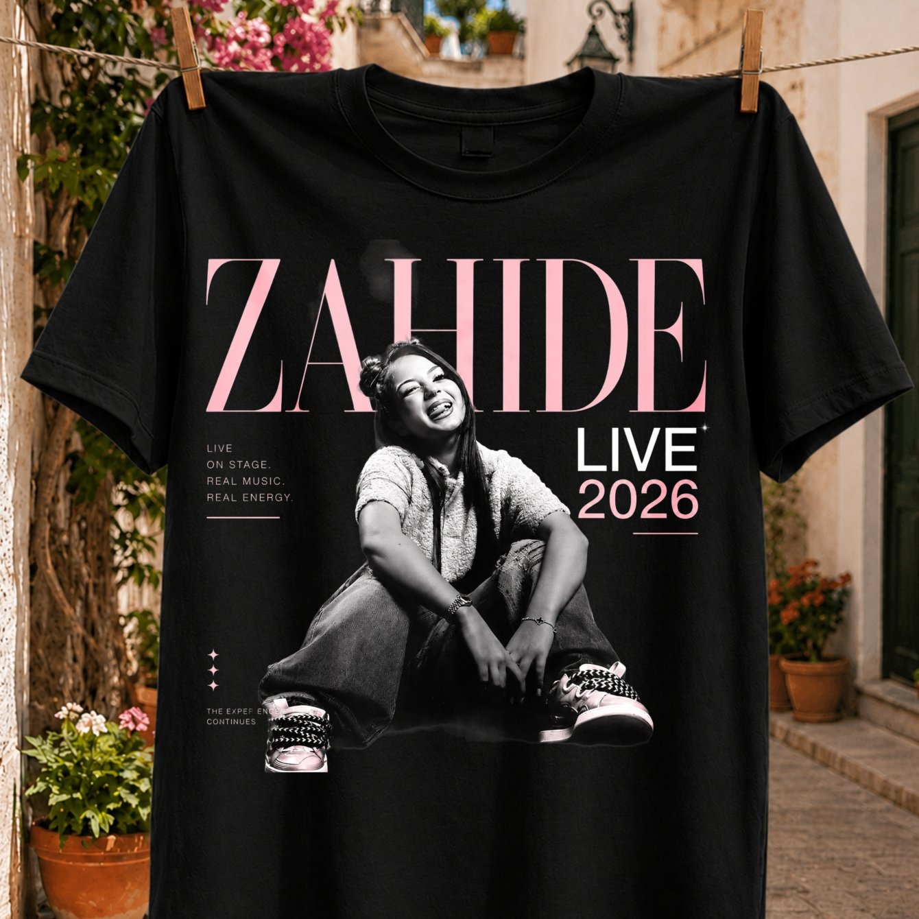 Image of Zahide Live 2026 With Smiling Seated Female Portrait And Tour Lettering Unisex All T-shirt
