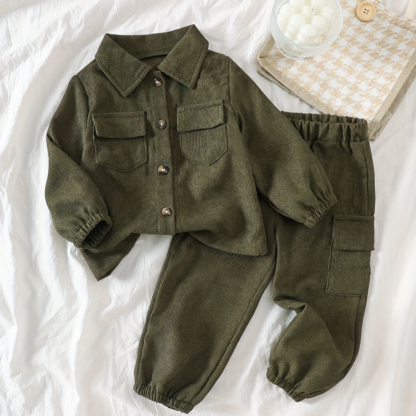 Image of Spring/autumn New Solid Color Vintage Corduroy Shirt For Baby, Versatile Casual Easy Tapered Trousers, Suitable For Outdoor, Party, Christmas, Halloween
