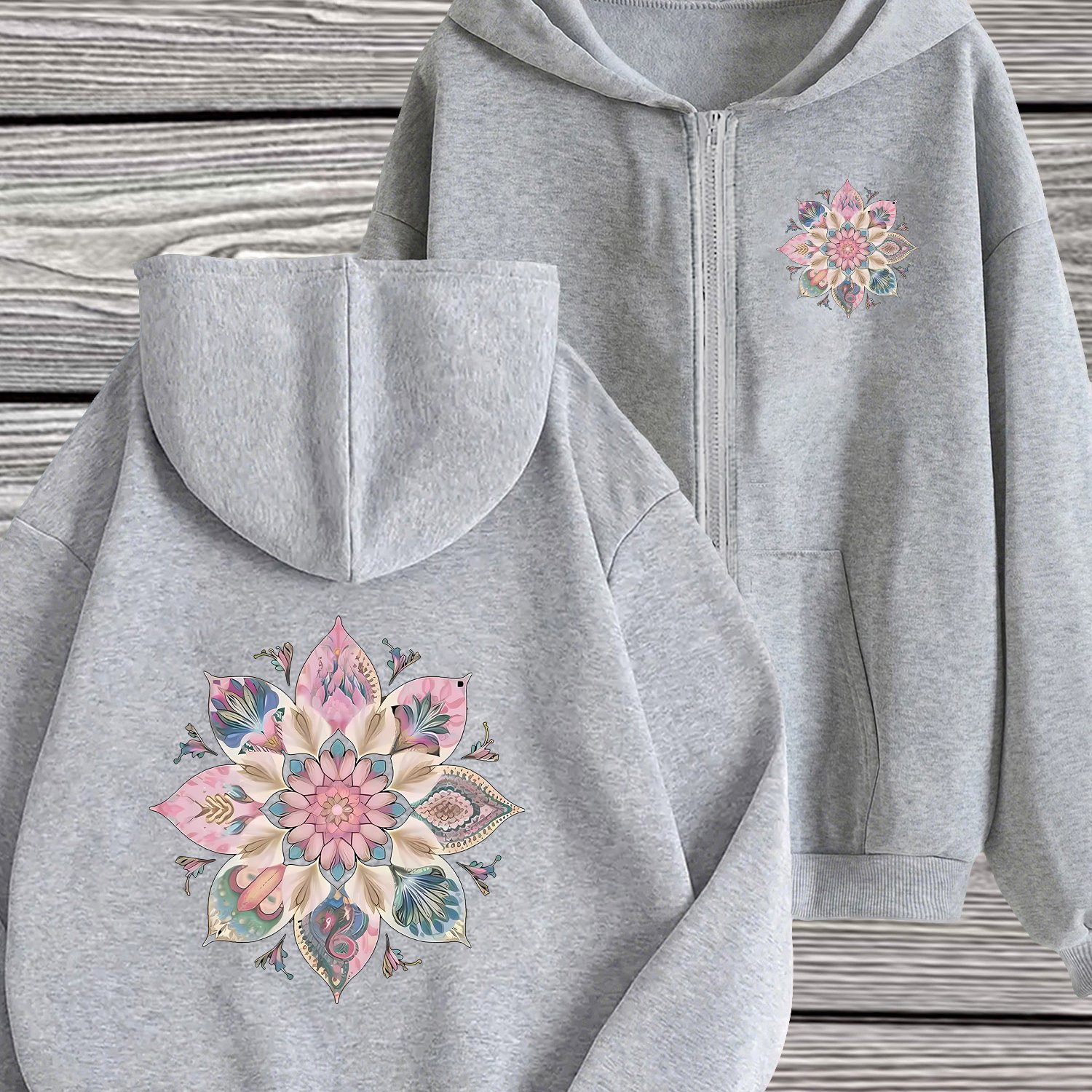 TEMU Chaqueta con capucha y cremallera completa para mujer - floral geométrico minimalista de moda, sudadera de larga con cremallera, adecuada para ,