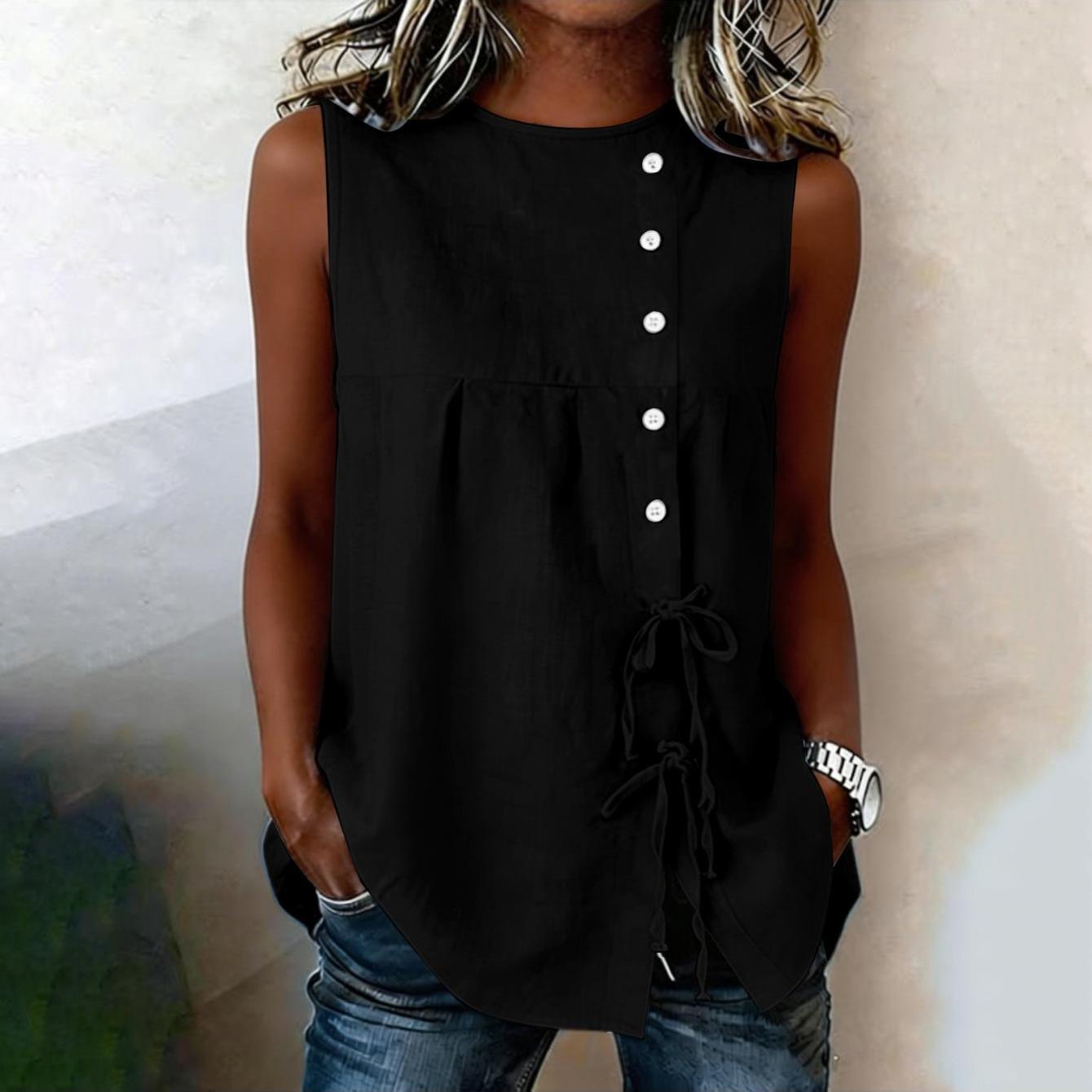 Women's Sleeveless Drawstring Tank Top, Casual Button-up Vest, Lightweight Summer Layering Top