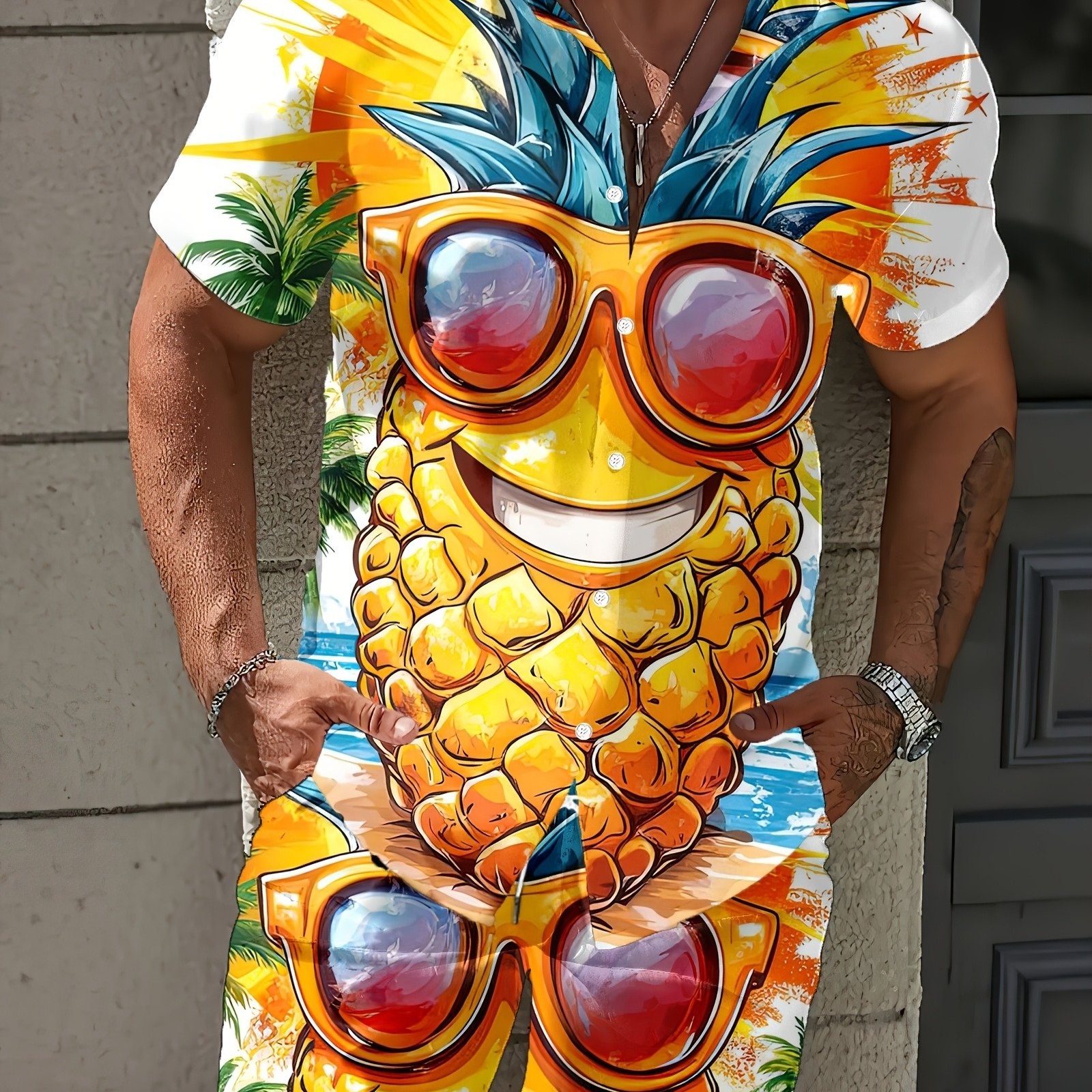 TEMU [print Design â Not Textured] Men's Hawaiian Style Shirt And Shorts Set, Pineapple Print Short Sleeve Collar Shirt And Shorts Outfit, Men's